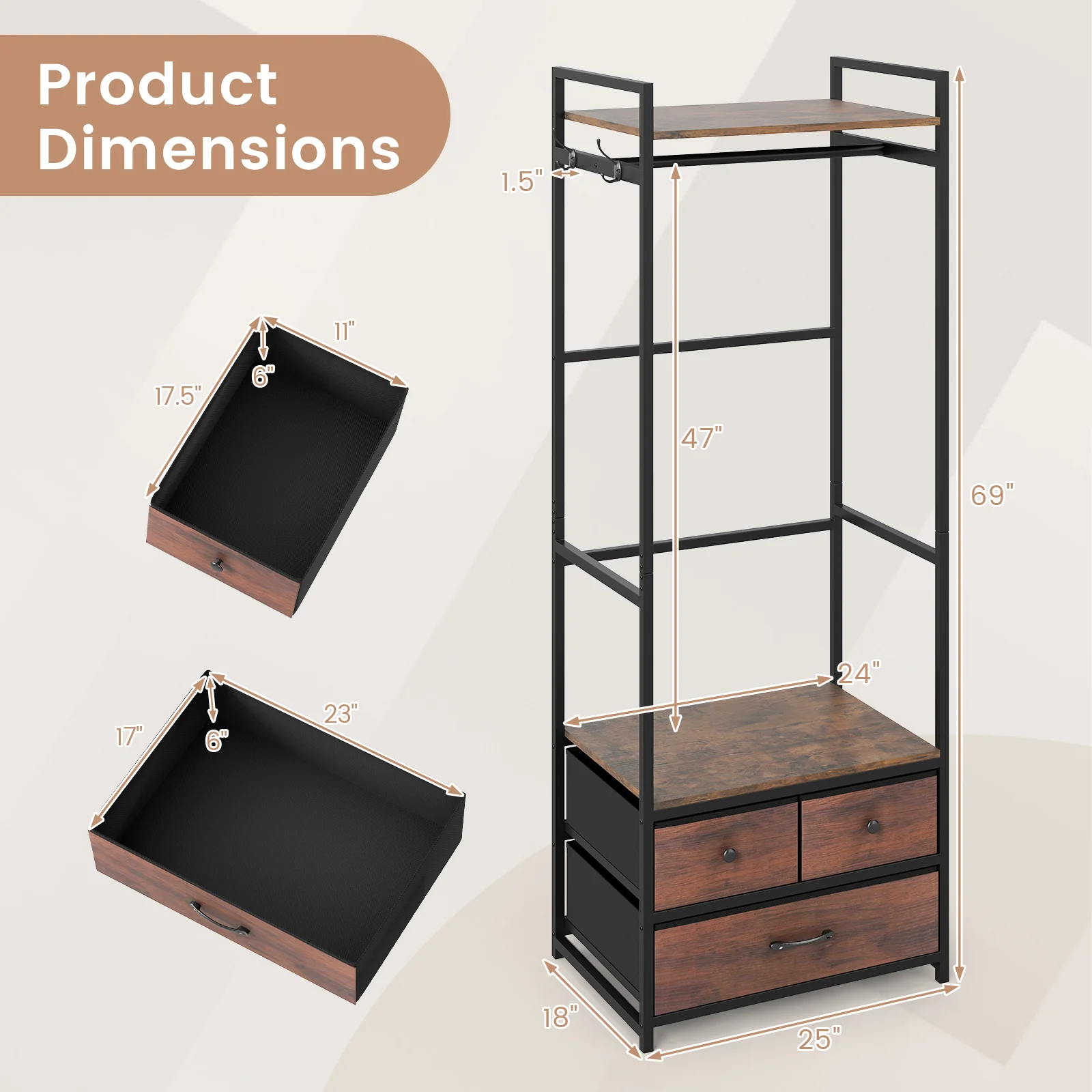 Clothes Rack With Drawers, Shelves, Side Hooks, Metal Frame, Brown - Image 5
