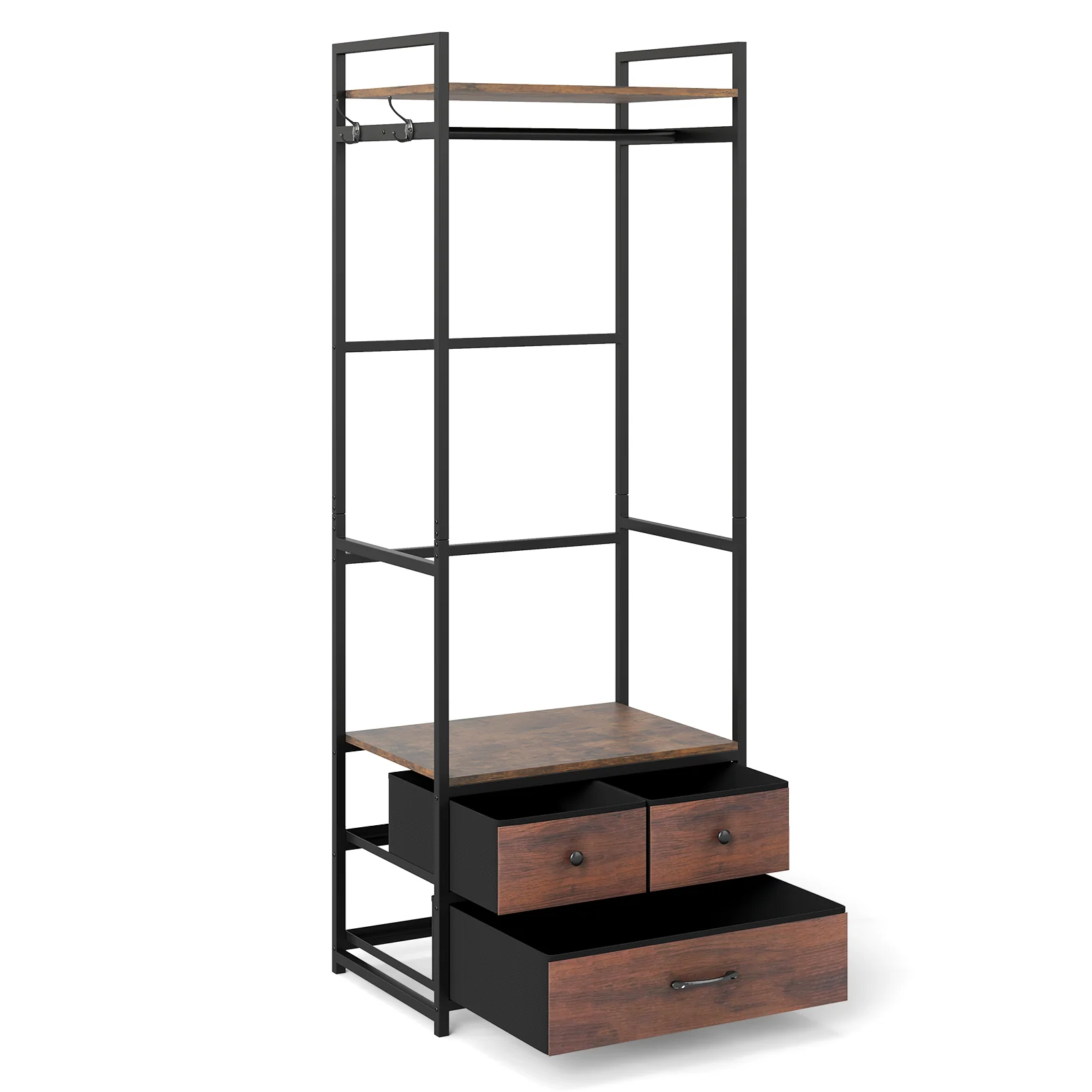 Clothes Rack With Drawers, Shelves, Side Hooks, Metal Frame, Brown - Image 6