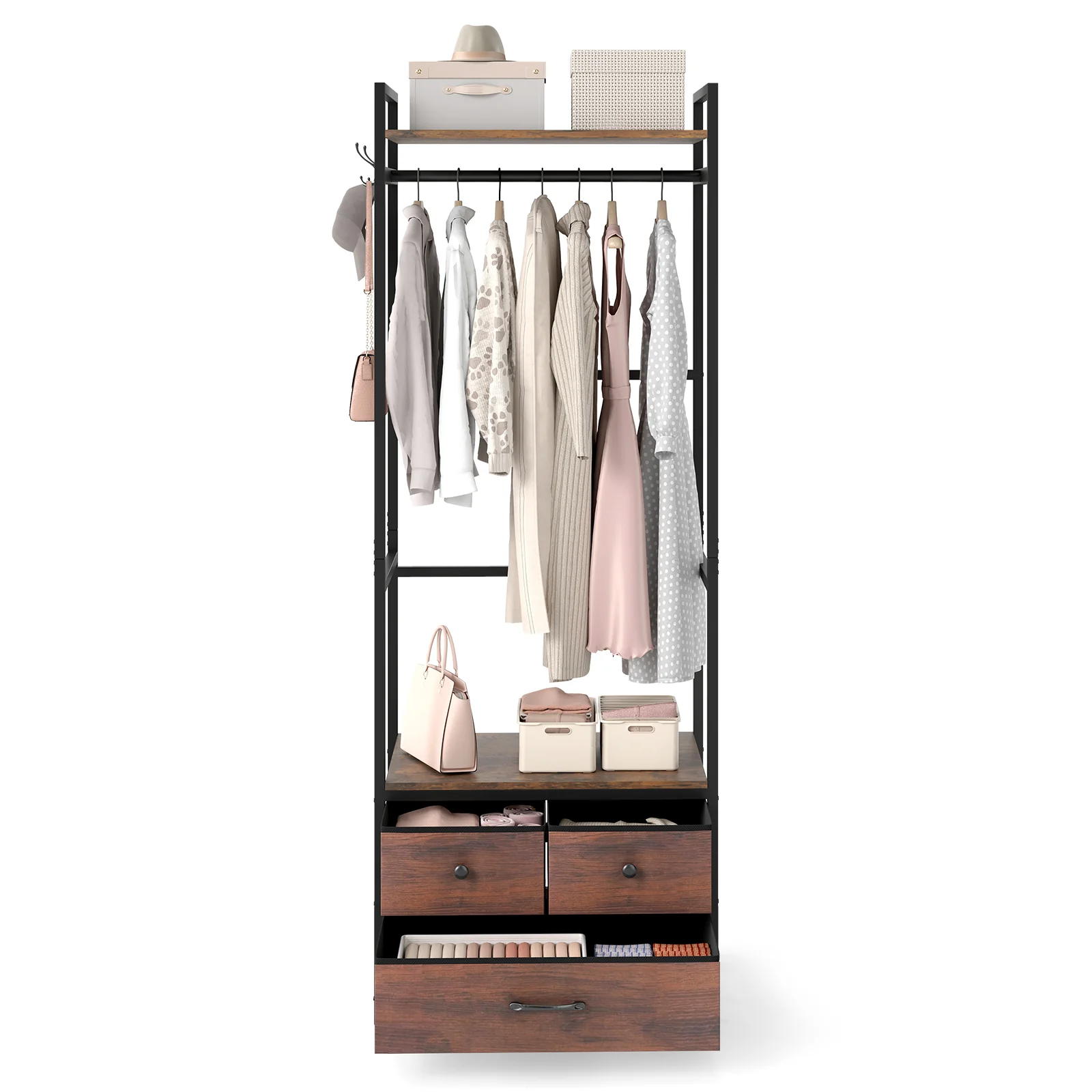 Clothes Rack With Drawers, Shelves, Side Hooks, Metal Frame, Brown - Image 7