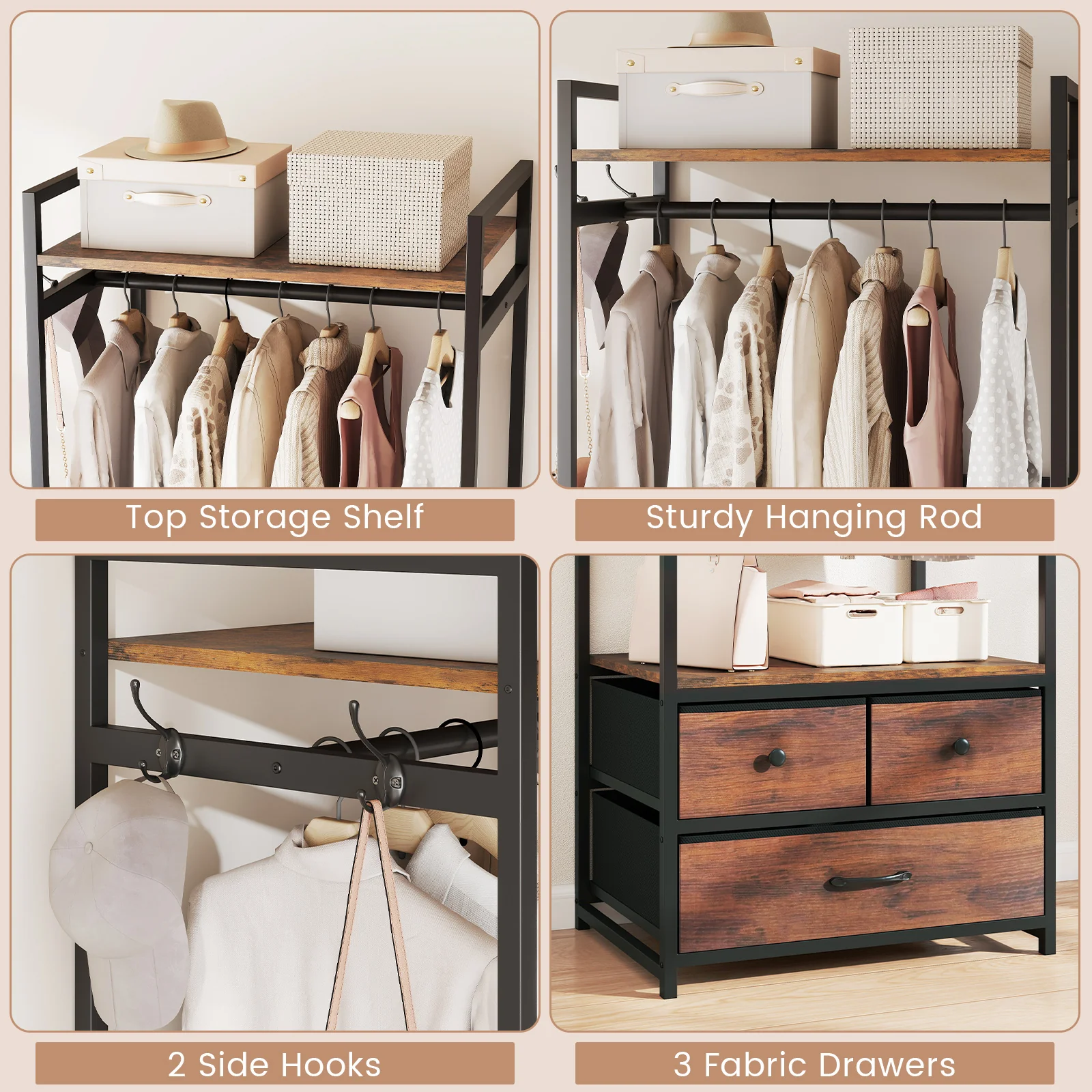 Clothes Rack With Drawers, Shelves, Side Hooks, Metal Frame, Brown - Image 8