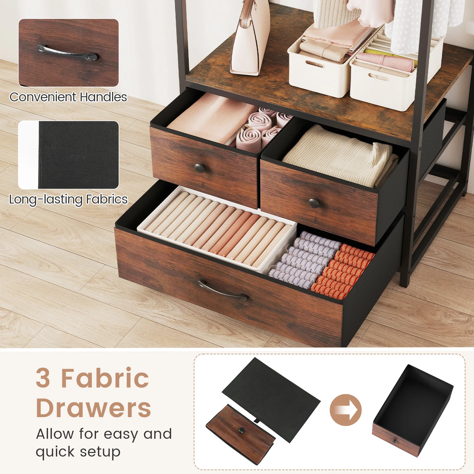Clothes Rack With Drawers, Shelves, Side Hooks, Metal Frame, Brown - Image 9