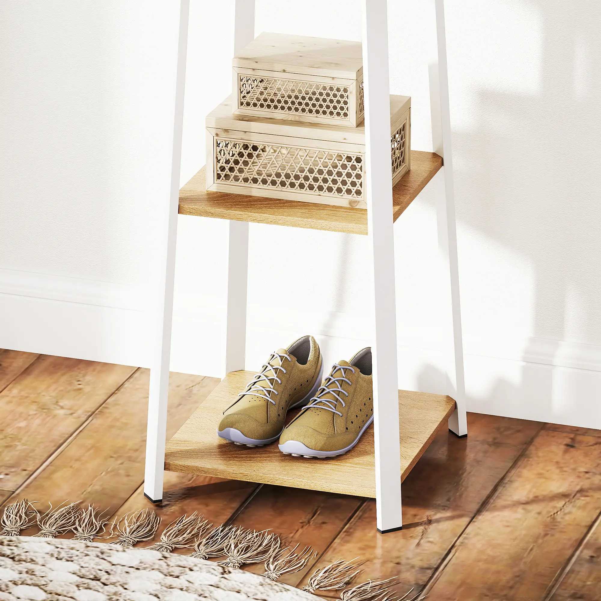 Clothes Rack with Storage, 8 Hooks, 3-Tier Shelf, Oak - Image 10