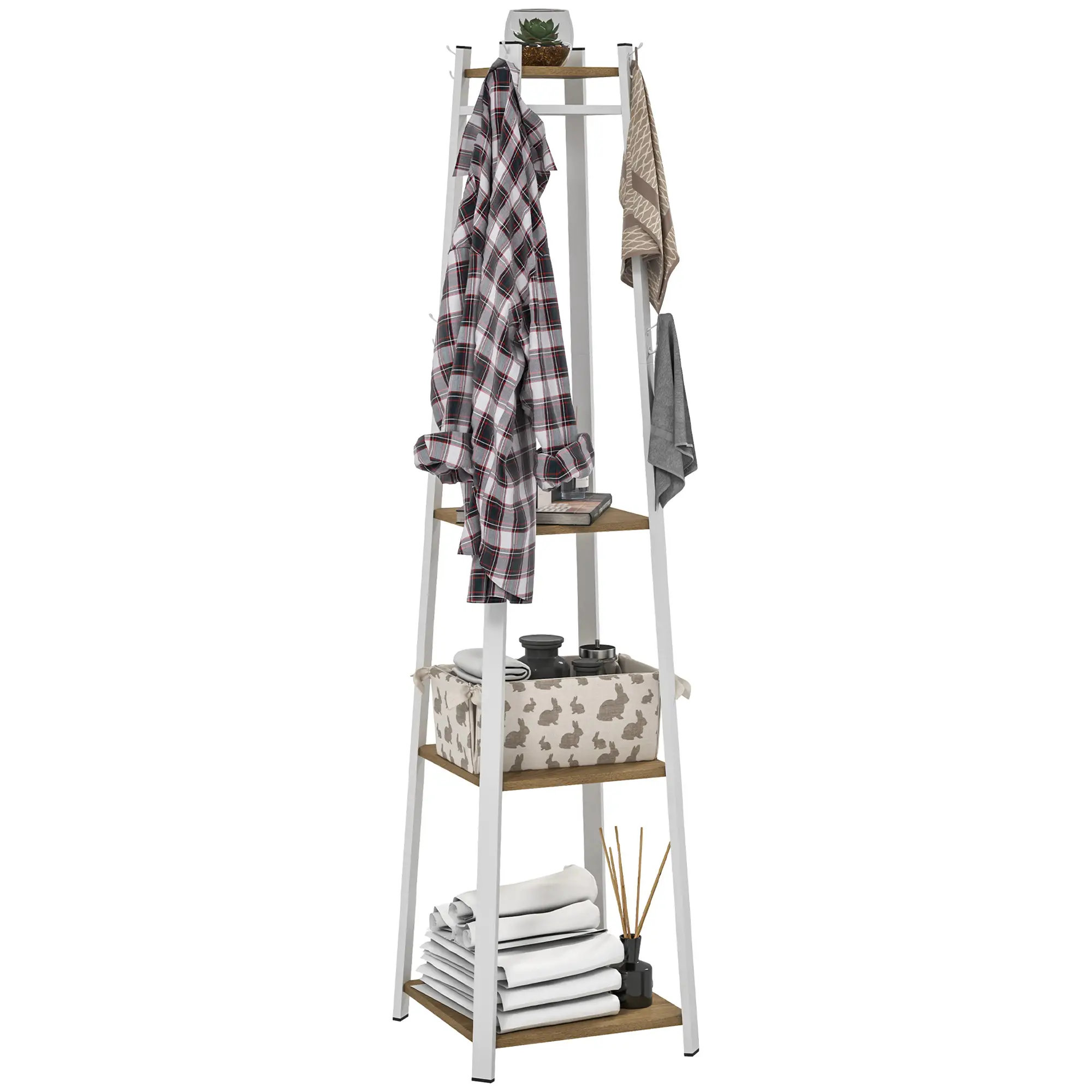 Clothes Rack with Storage, 8 Hooks, 3-Tier Shelf, Oak - Image 11