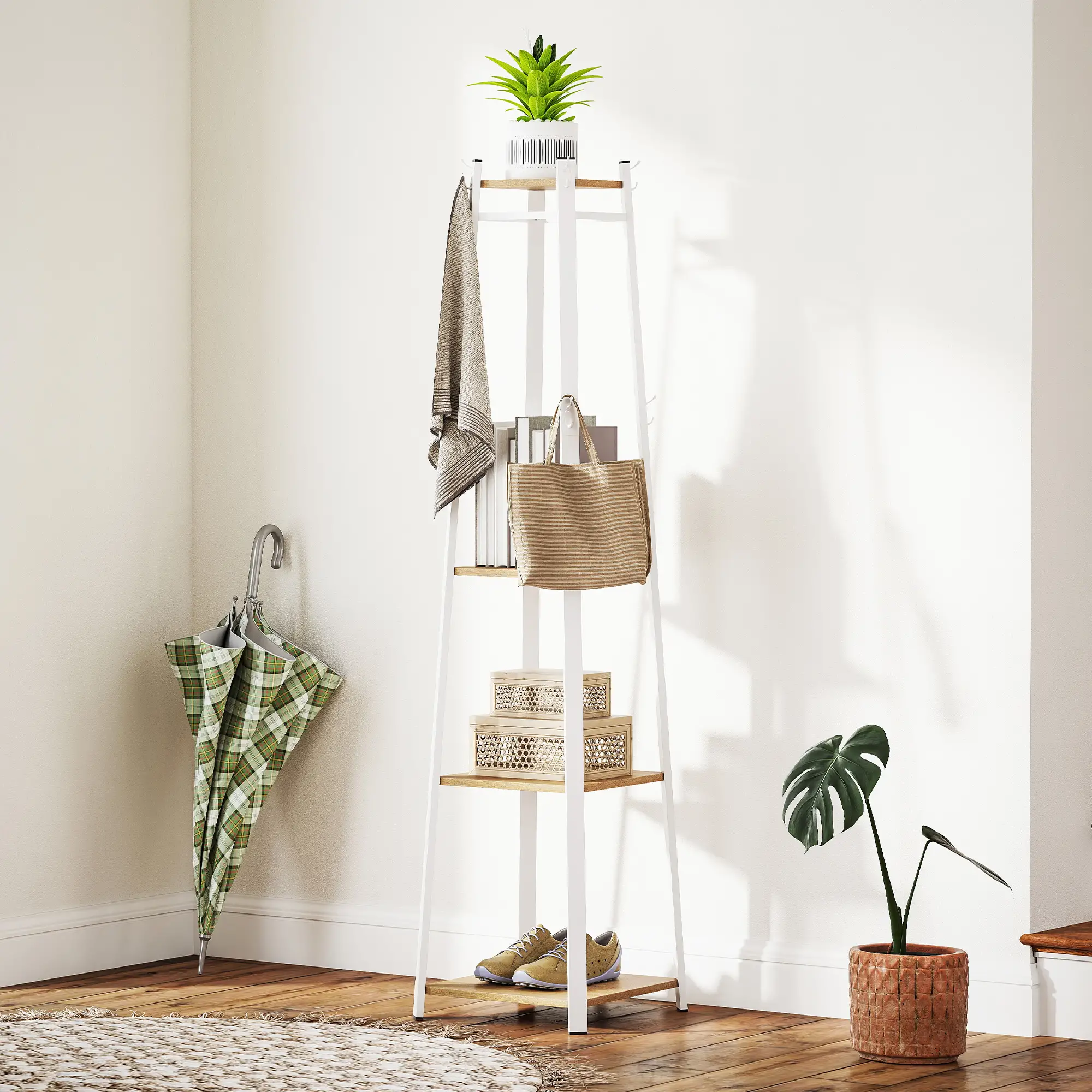 Clothes Rack with Storage, 8 Hooks, 3-Tier Shelf, Oak - Image 2