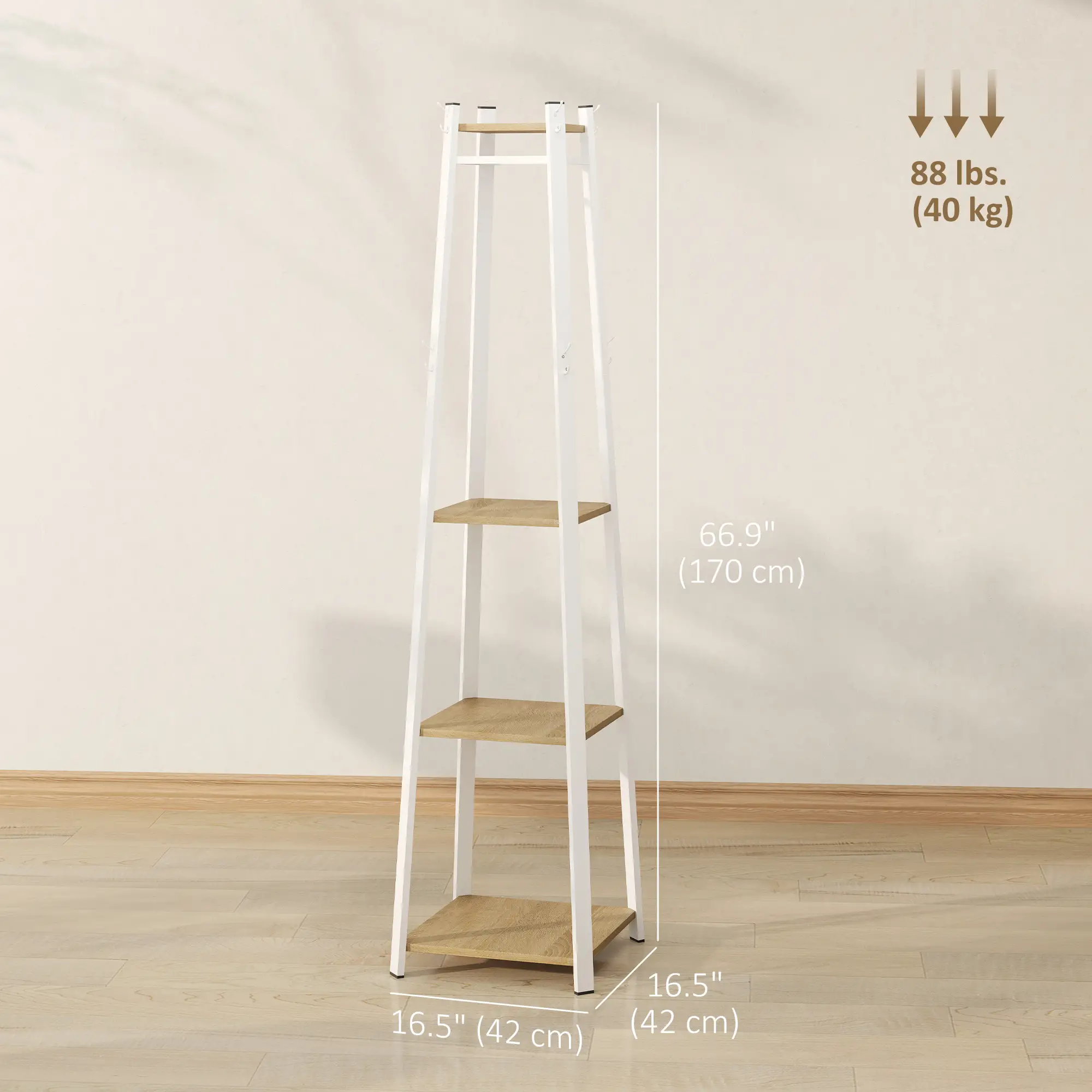 Clothes Rack with Storage, 8 Hooks, 3-Tier Shelf, Oak - Image 3