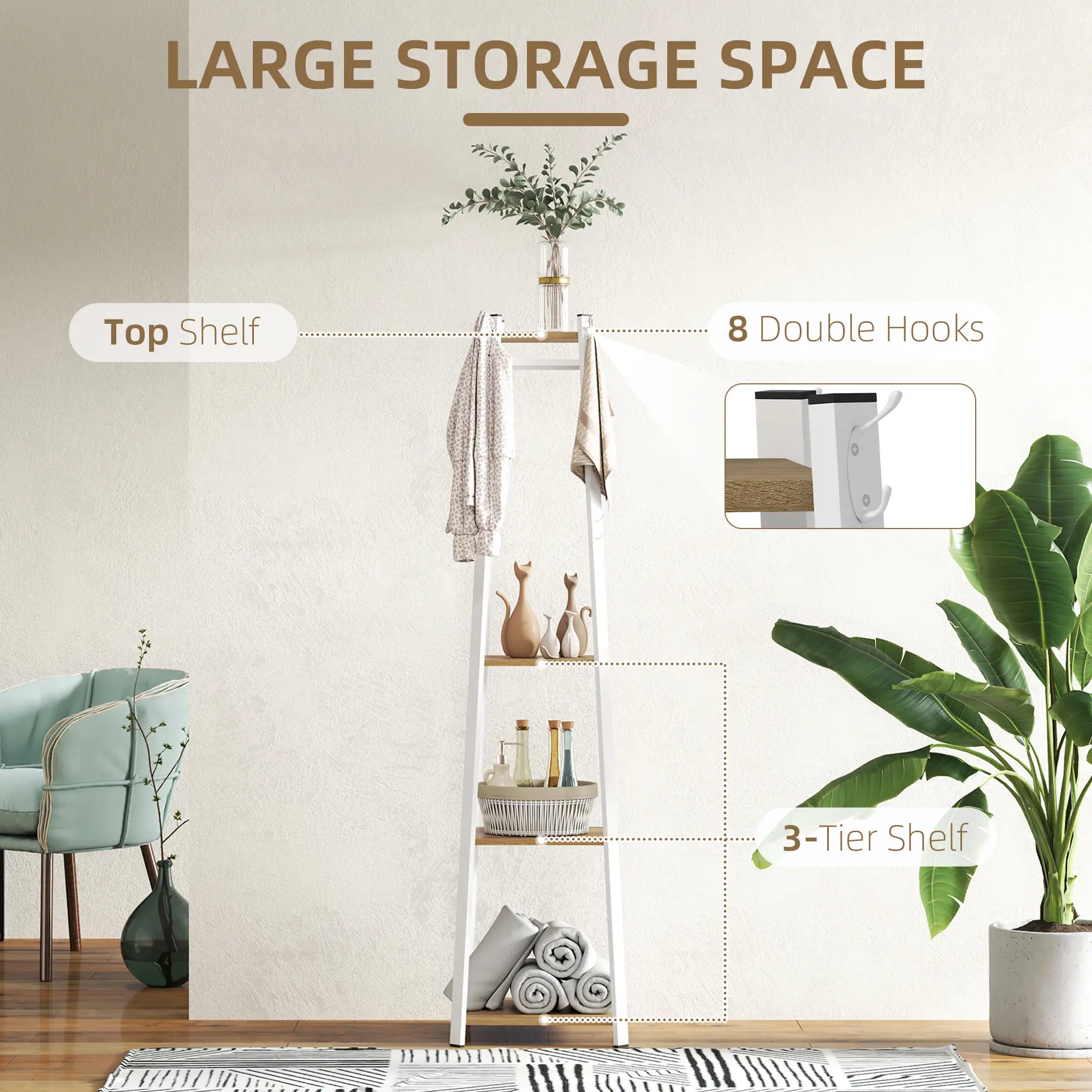 Clothes Rack with Storage, 8 Hooks, 3-Tier Shelf, Oak - Image 4