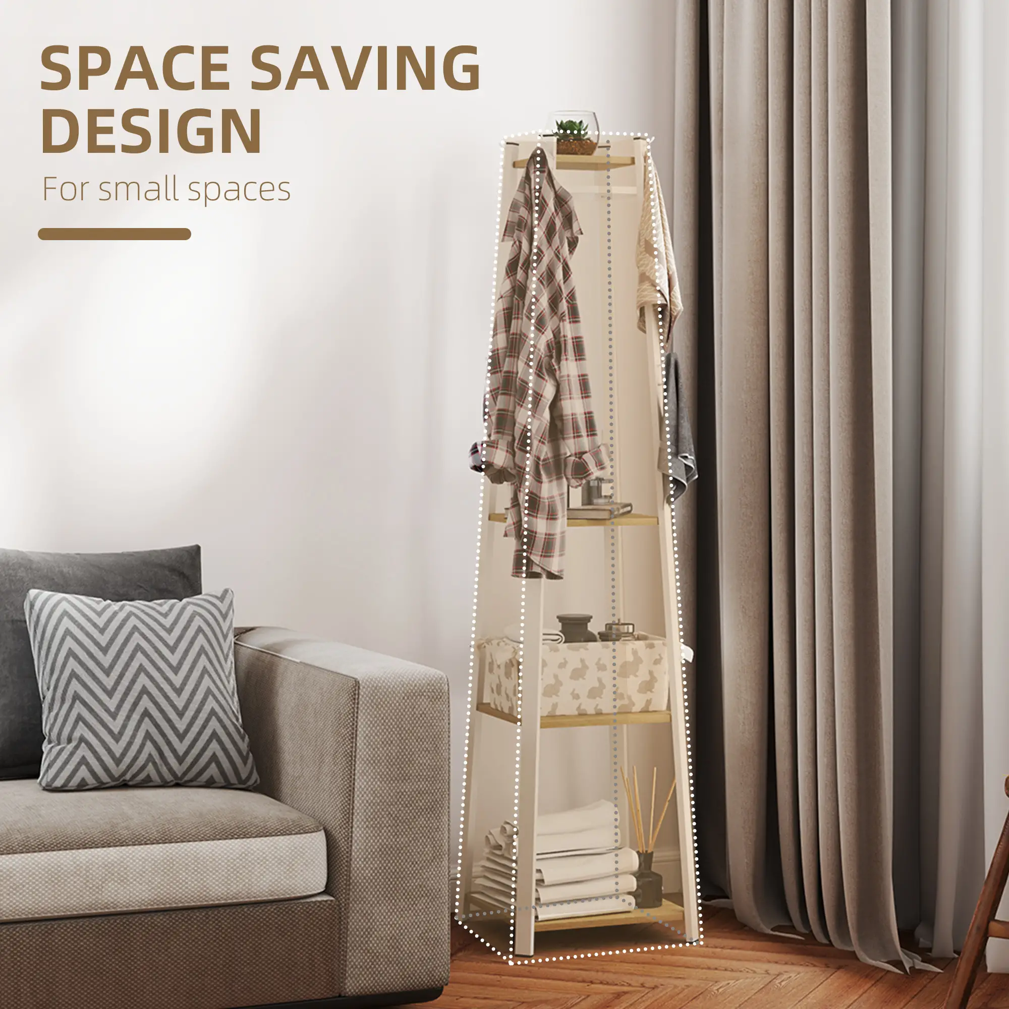 Clothes Rack with Storage, 8 Hooks, 3-Tier Shelf, Oak - Image 5