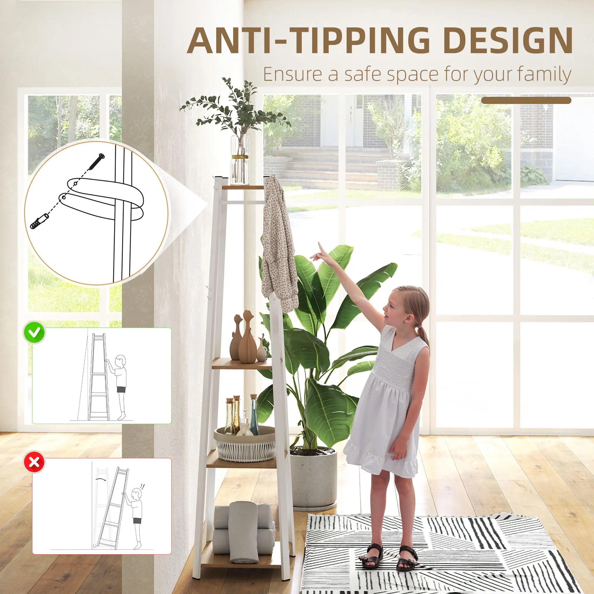 Clothes Rack with Storage, 8 Hooks, 3-Tier Shelf, Oak - Image 6