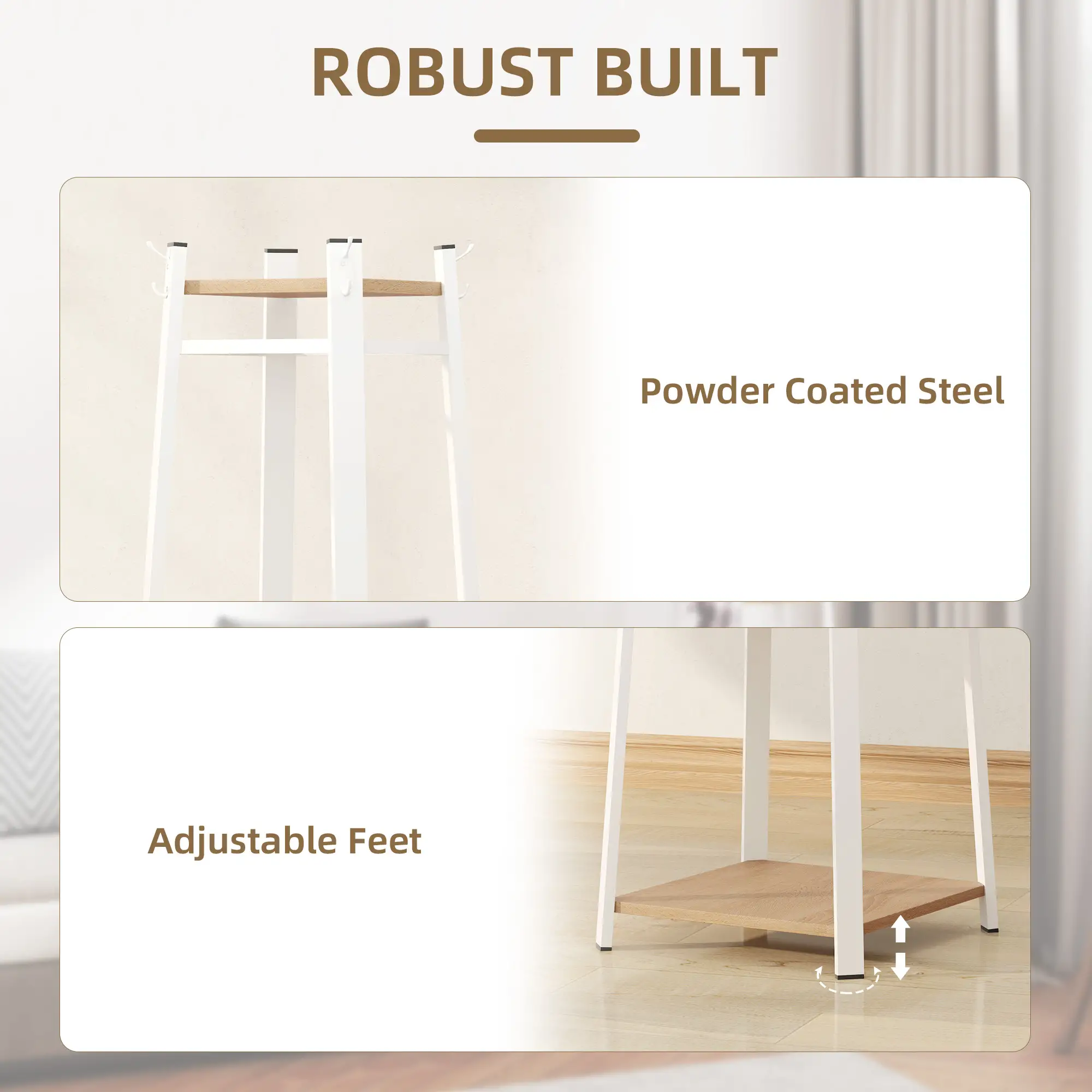 Clothes Rack with Storage, 8 Hooks, 3-Tier Shelf, Oak - Image 7