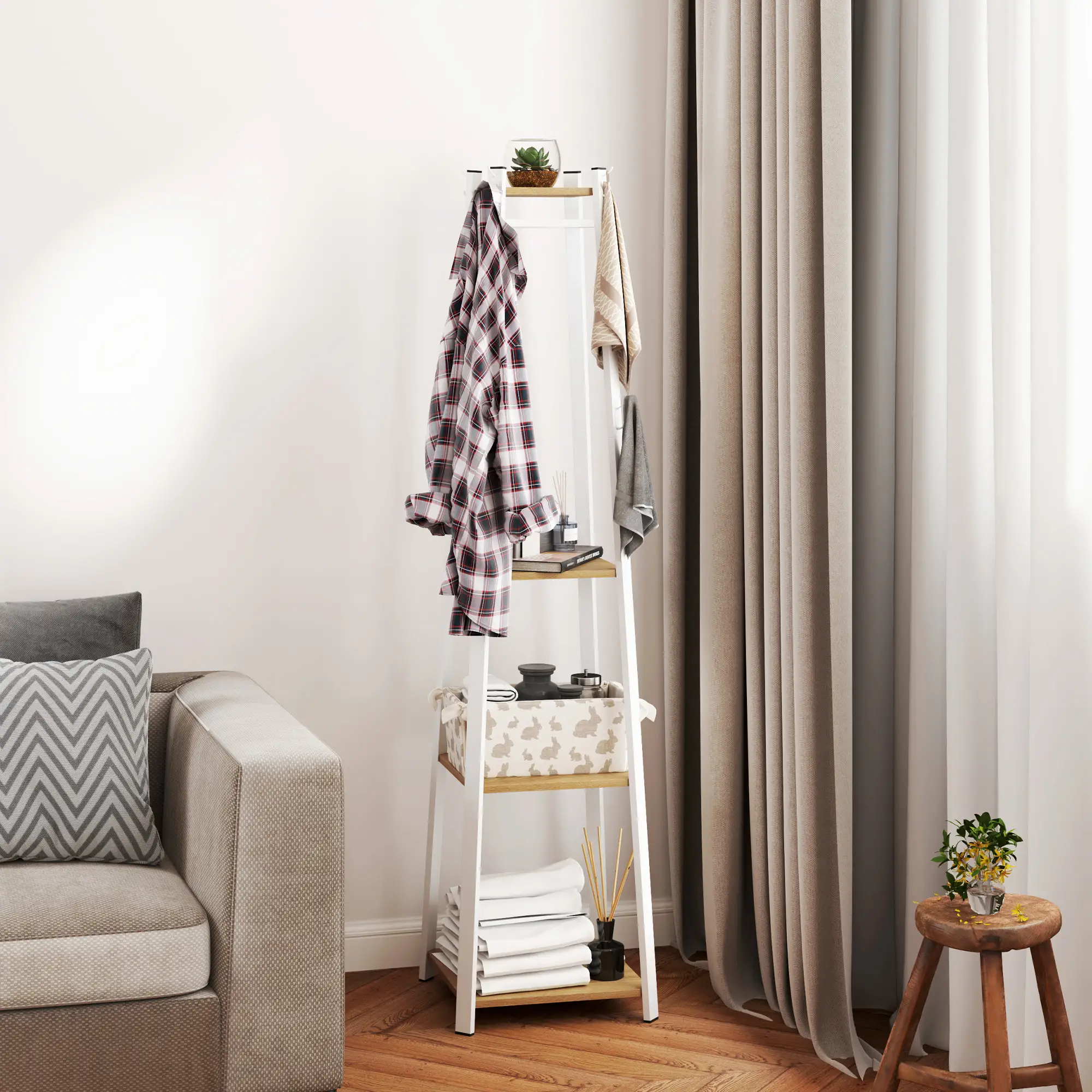 Clothes Rack with Storage, 8 Hooks, 3-Tier Shelf, Oak - Image 8