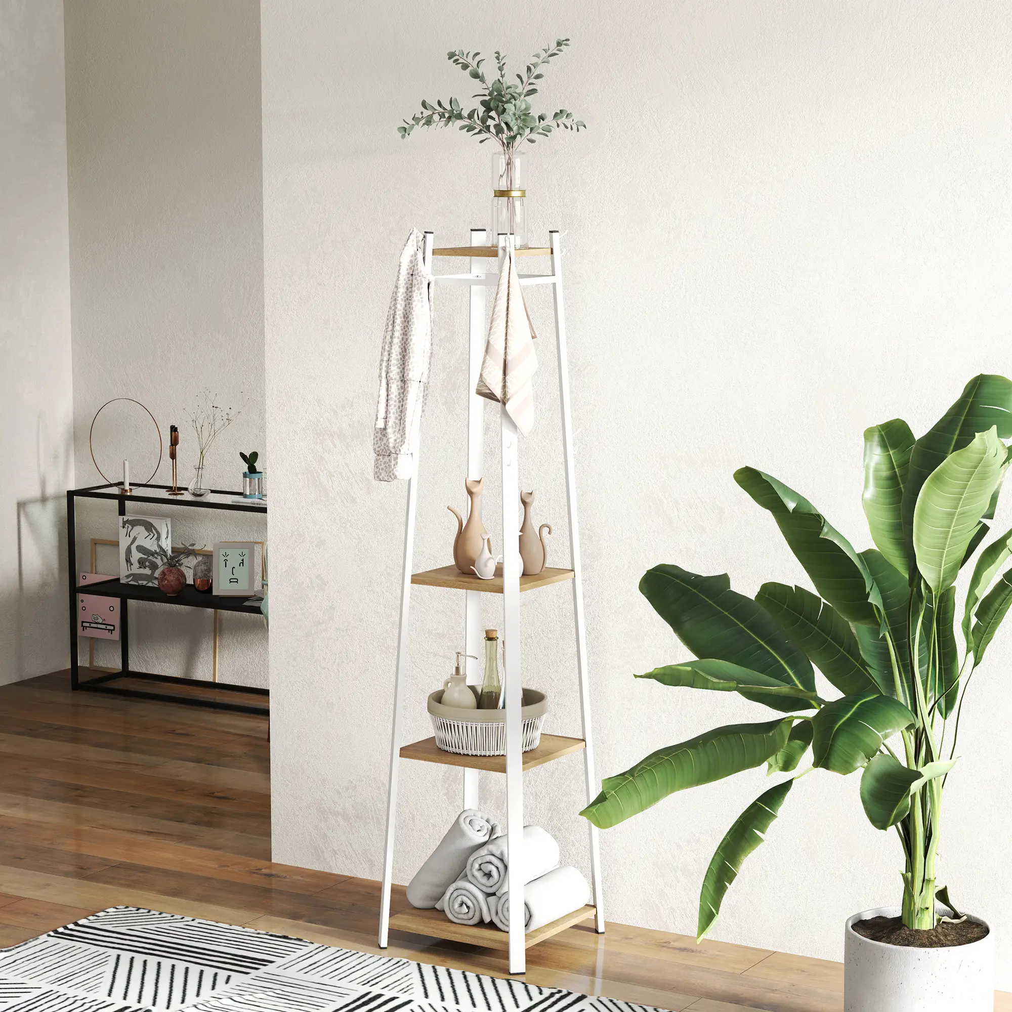 Clothes Rack with Storage, 8 Hooks, 3-Tier Shelf, Oak - Image 9