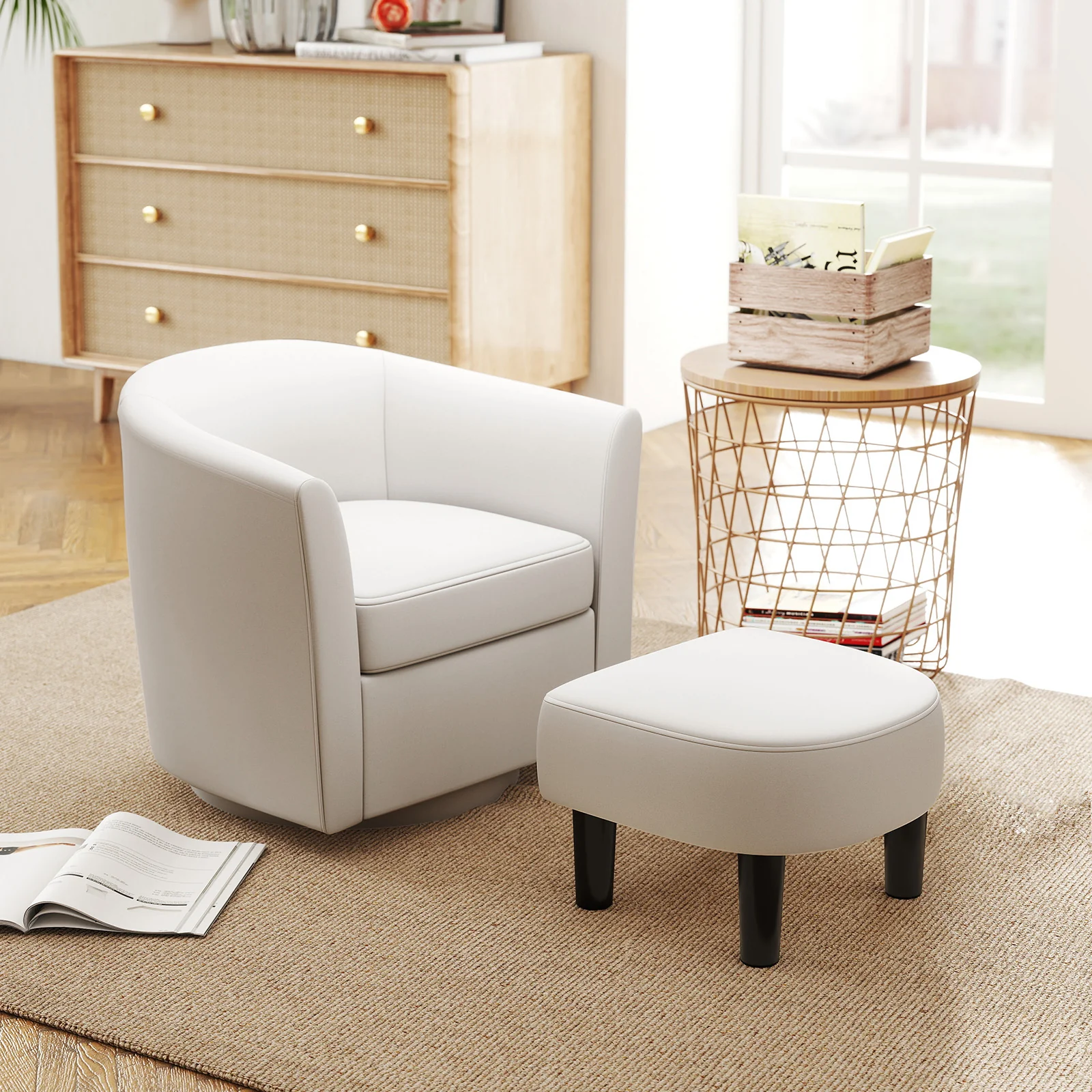 Club Swivel Accent Chair With Ottoman, Cream White - Image 7
