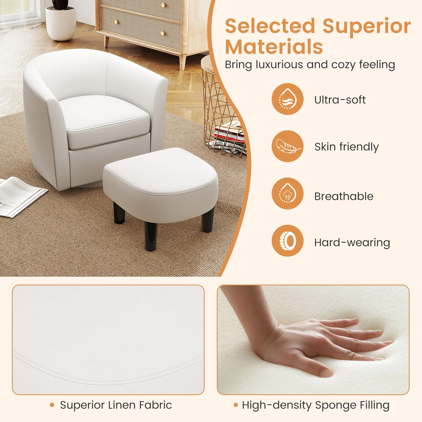 Club Swivel Accent Chair With Ottoman, Cream White - Image 8