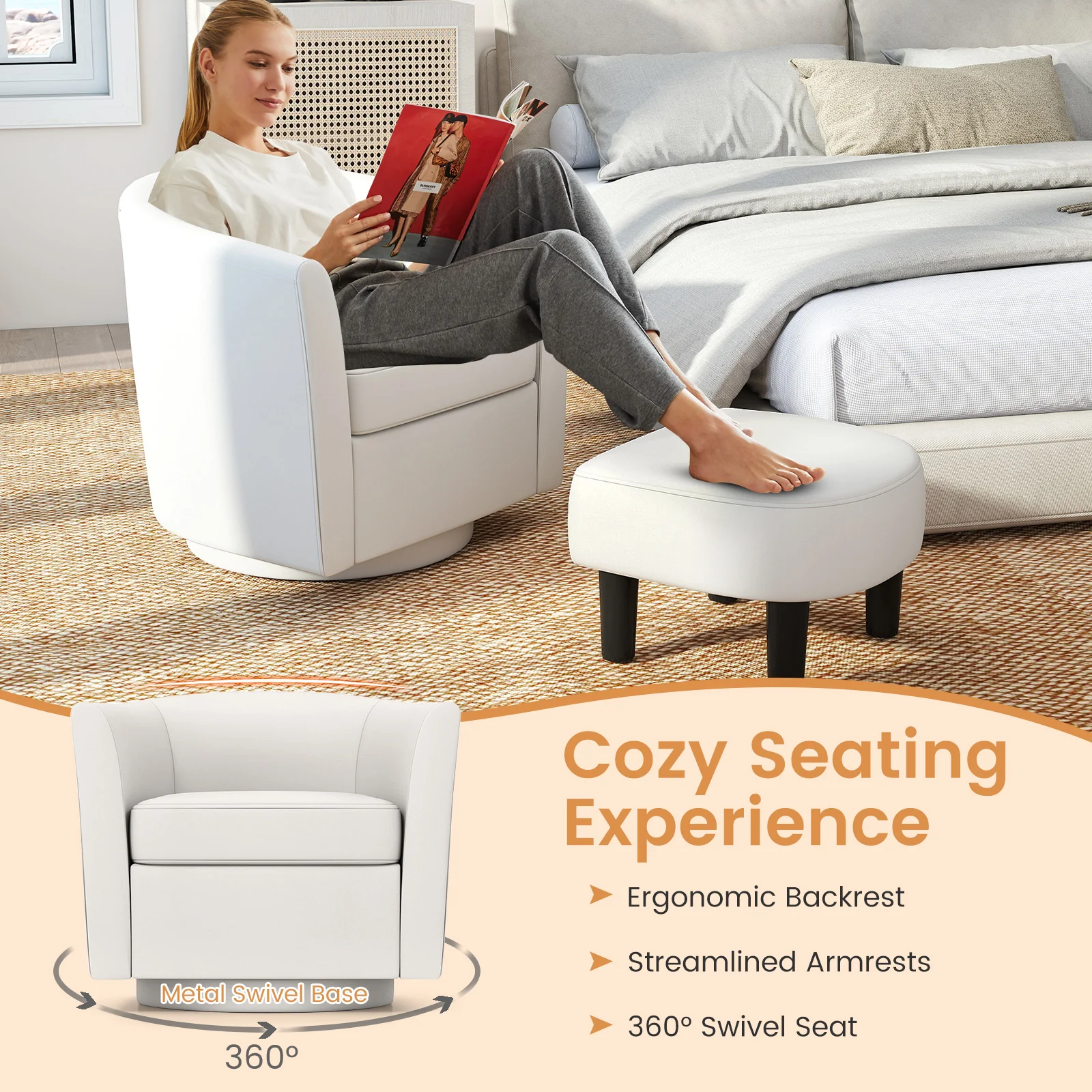 Club Swivel Accent Chair With Ottoman, Cream White - Image 9
