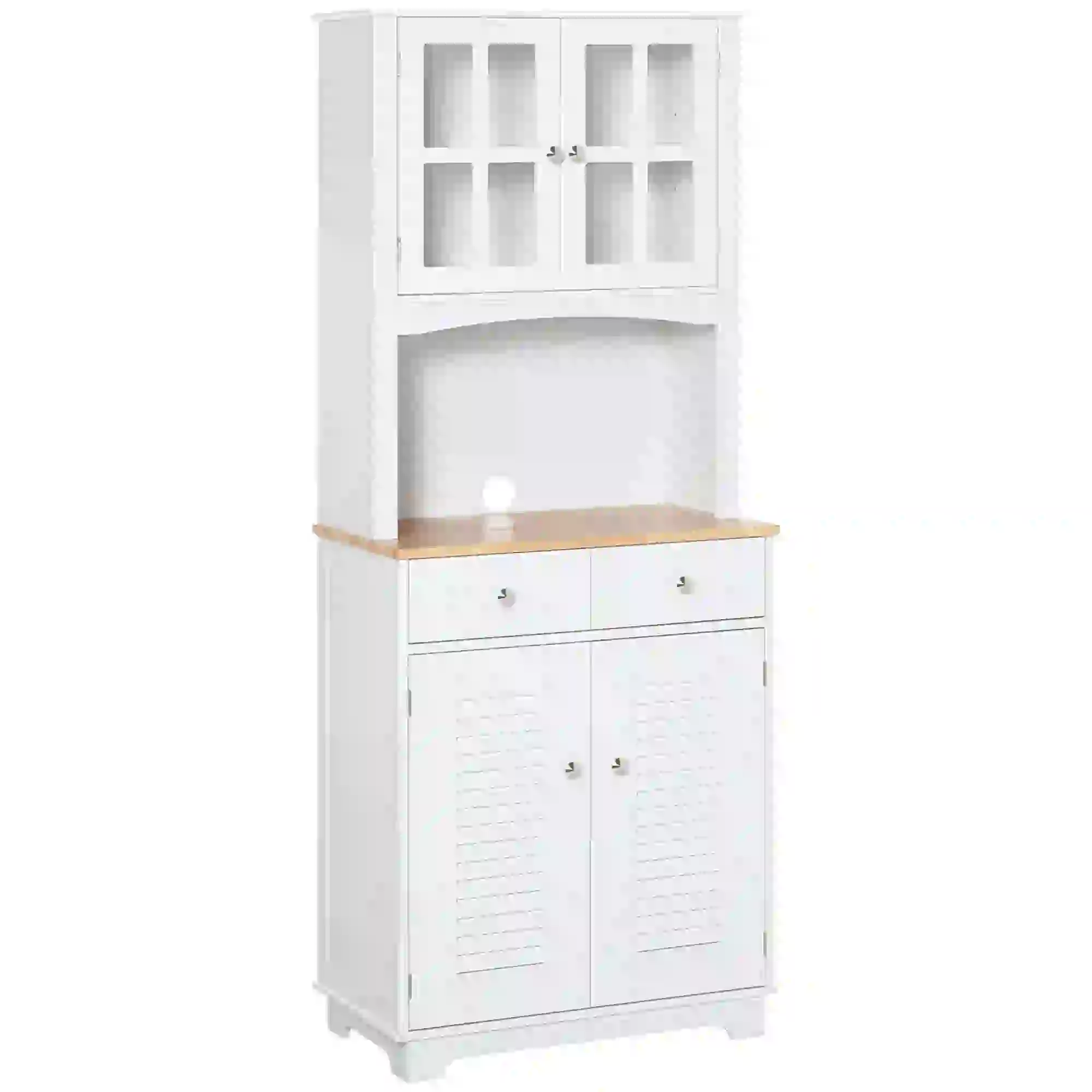 Coastal Kitchen Buffet Hutch, Wood Storage Cupboard, Glass Door, White