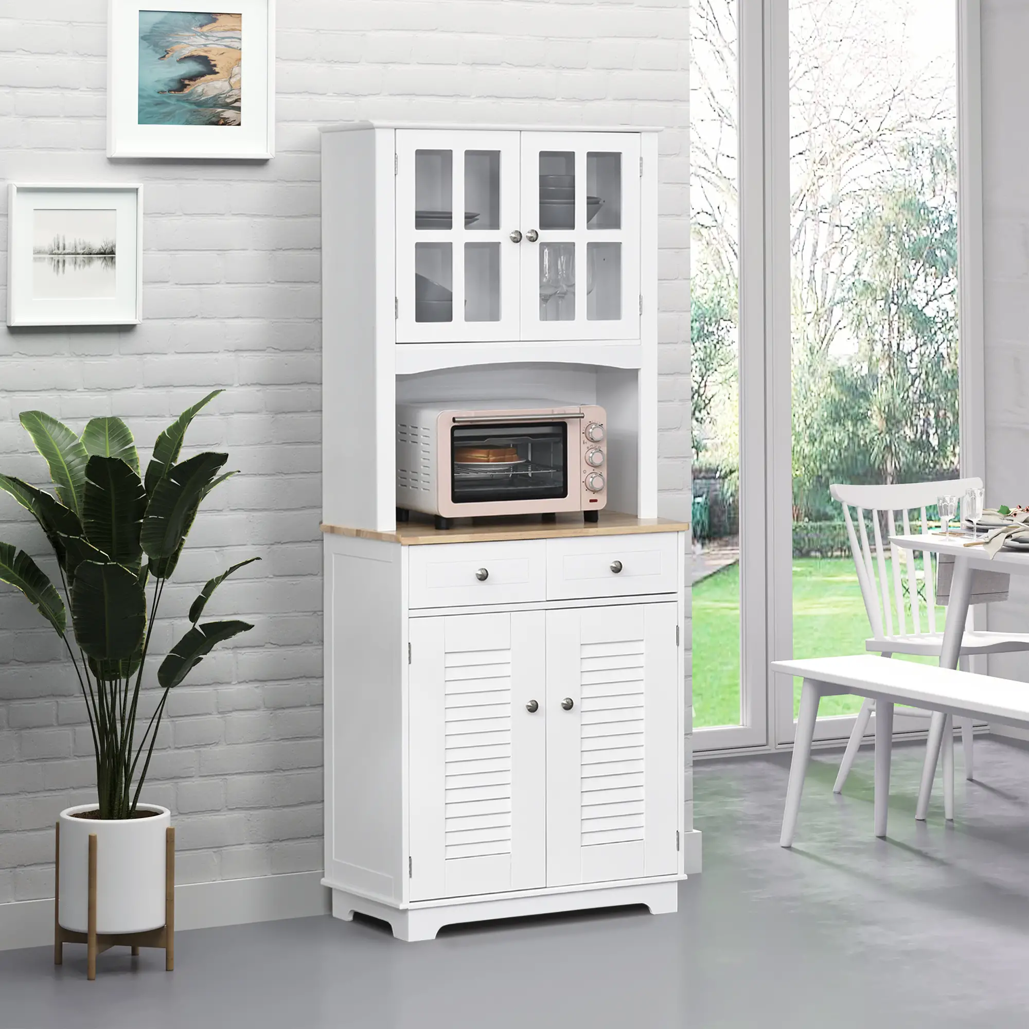 Coastal Kitchen Buffet Hutch, Wood Storage Cupboard, Glass Door, White - Image 2