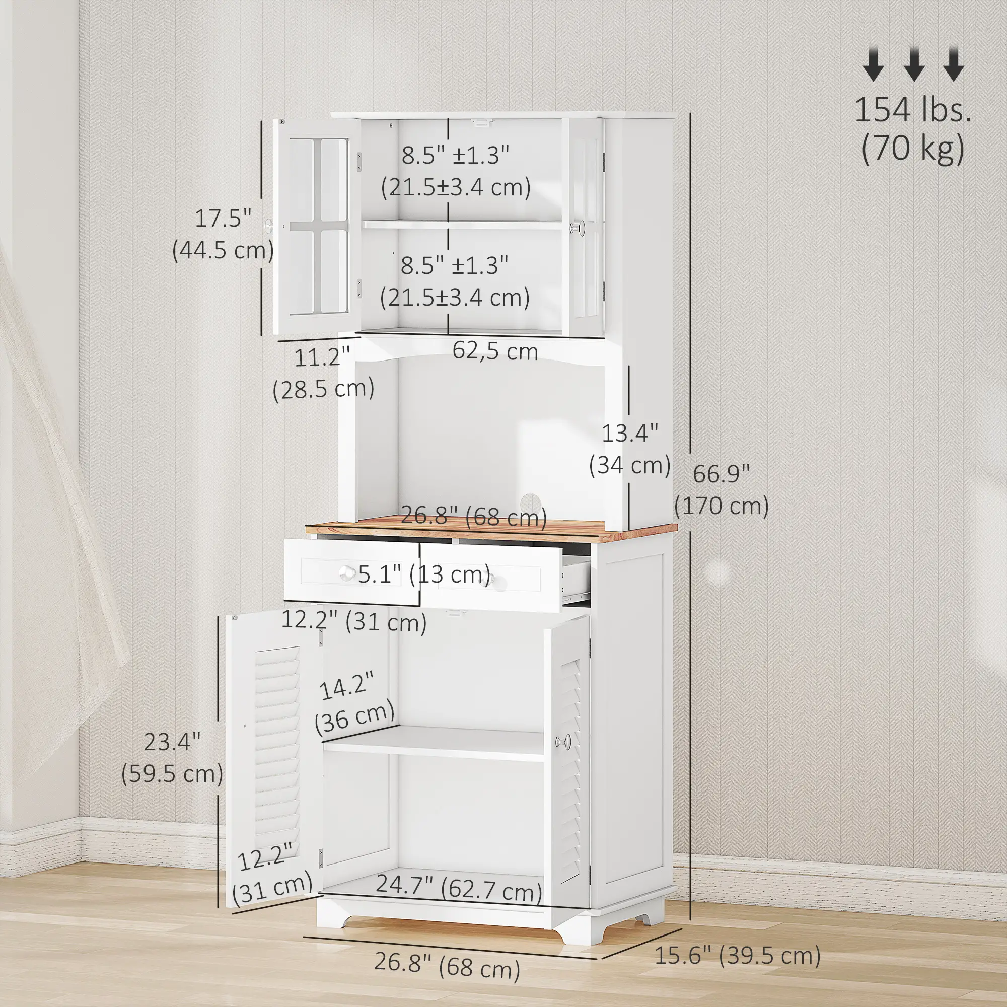 Coastal Kitchen Buffet Hutch, Wood Storage Cupboard, Glass Door, White - Image 3