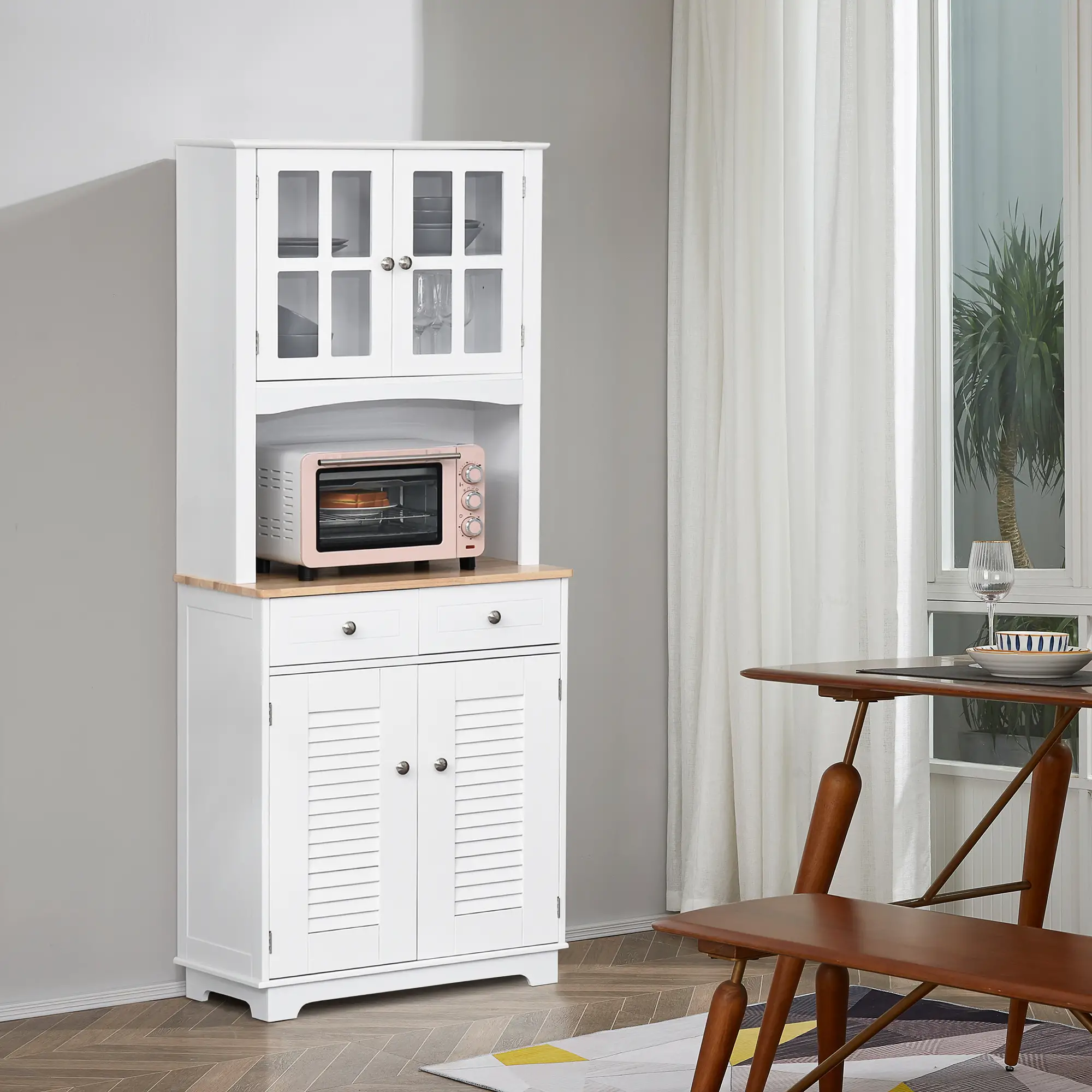 Coastal Kitchen Buffet Hutch, Wood Storage Cupboard, Glass Door, White - Image 4