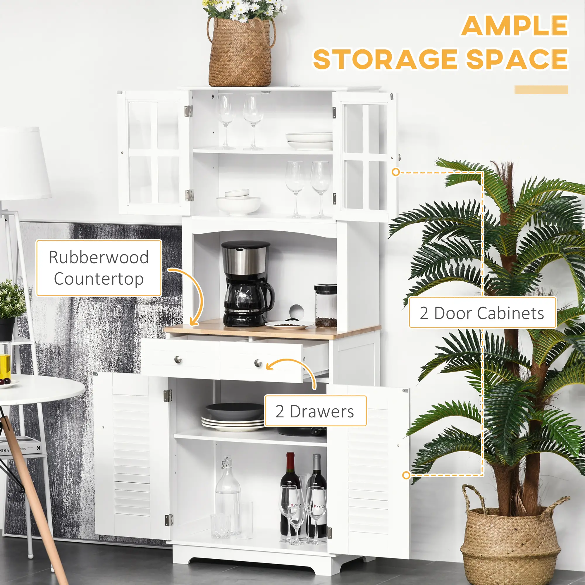 Coastal Kitchen Buffet Hutch, Wood Storage Cupboard, Glass Door, White - Image 5