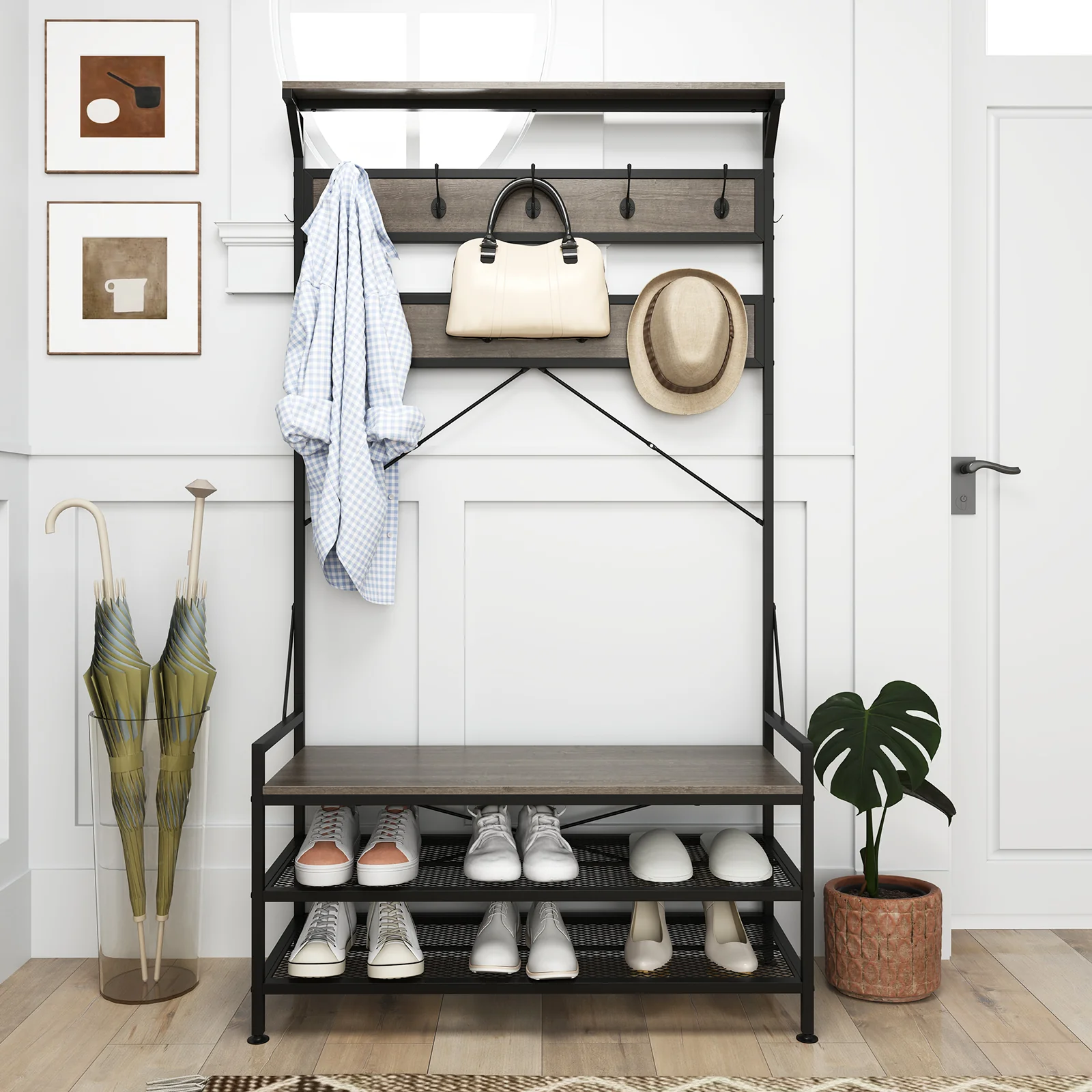 Coat Rack Hall Tree, 11 Hooks Shoe Bench, Gray - Image 3