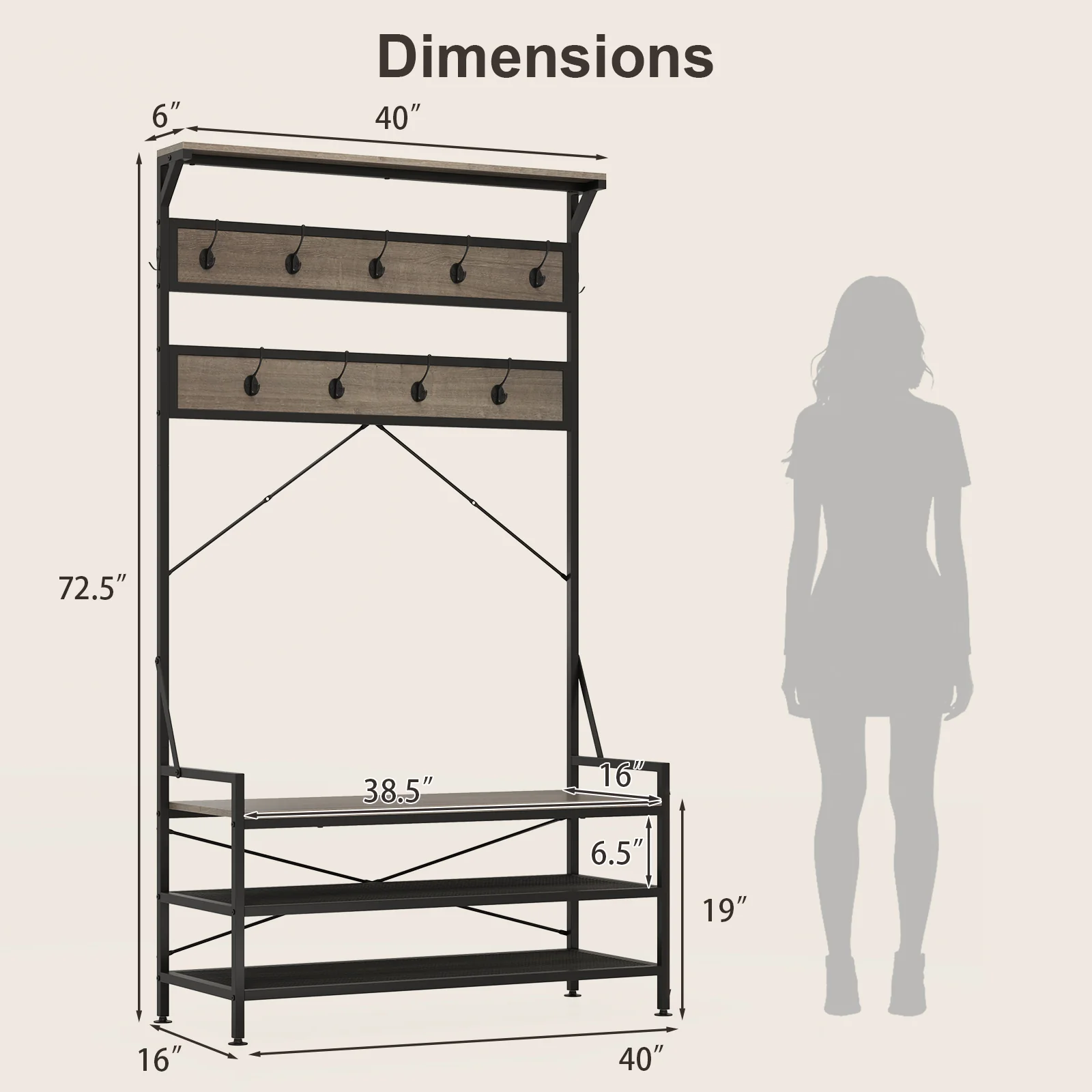 Coat Rack Hall Tree, 11 Hooks Shoe Bench, Gray - Image 6