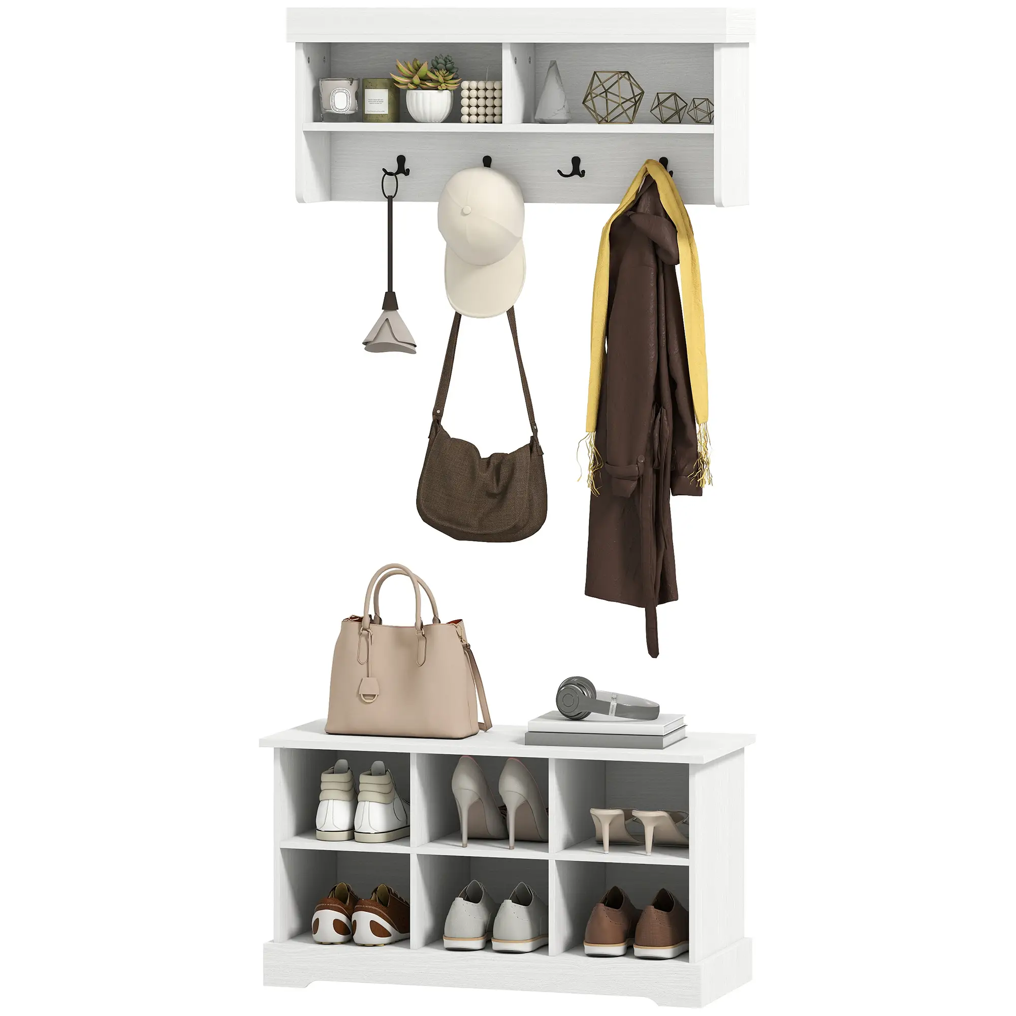 Coat Rack Shoe Bench Set, 8 Storage Cubbies, 4 Hooks, White - Image 11