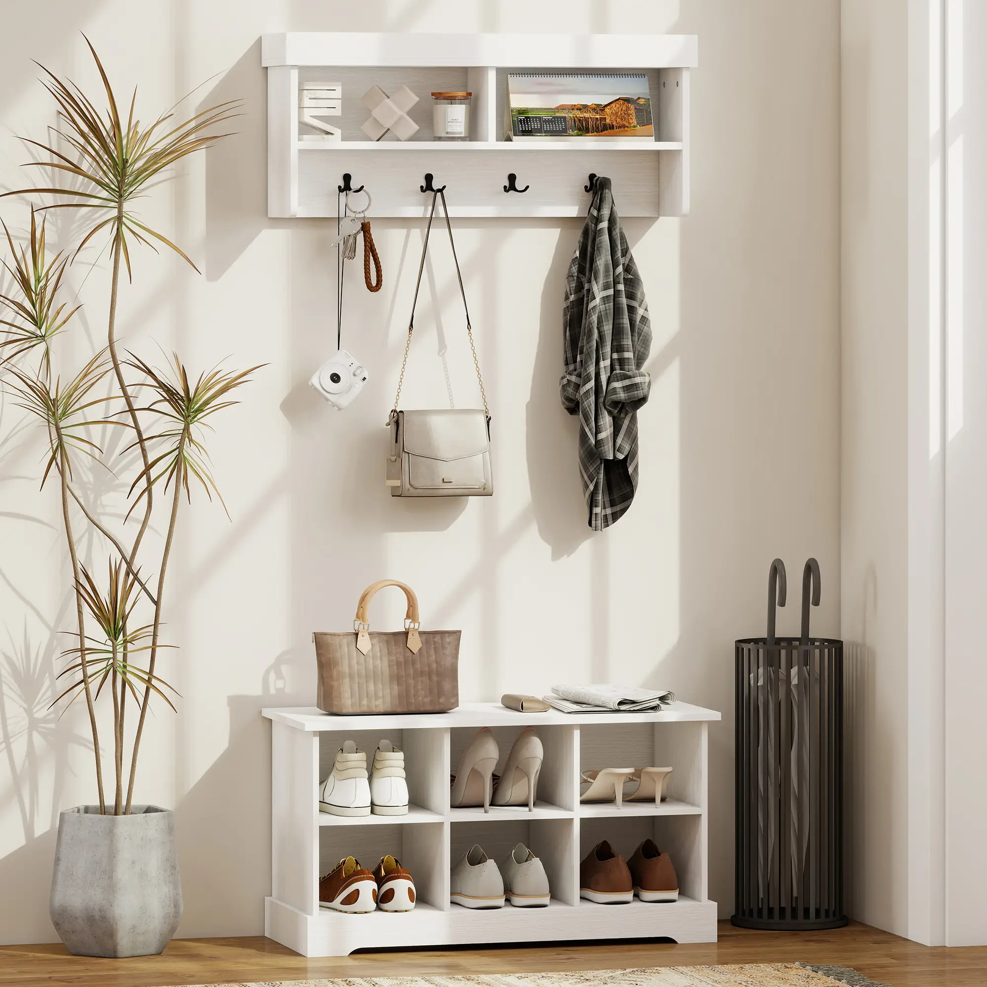 Coat Rack Shoe Bench Set, 8 Storage Cubbies, 4 Hooks, White - Image 2