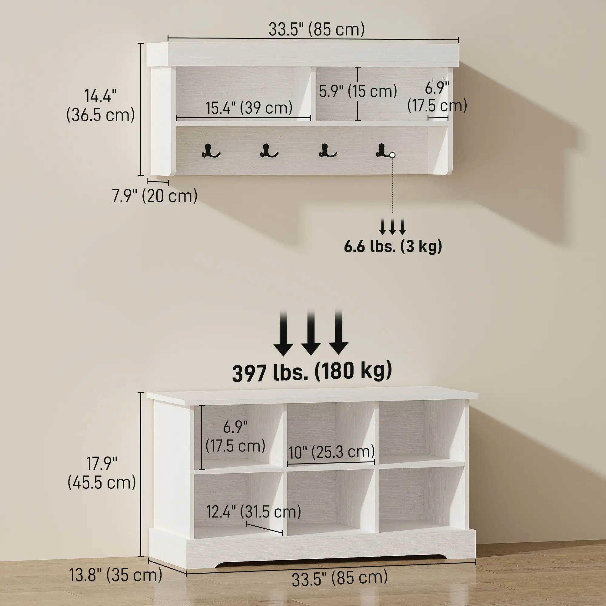 Coat Rack Shoe Bench Set, 8 Storage Cubbies, 4 Hooks, White - Image 3