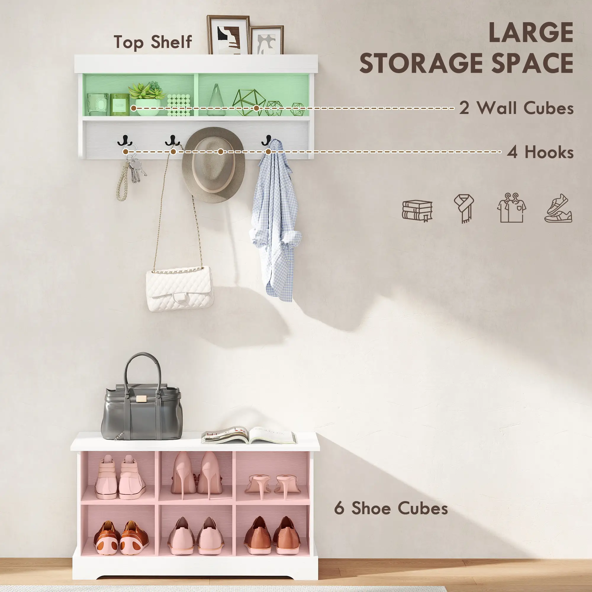 Coat Rack Shoe Bench Set, 8 Storage Cubbies, 4 Hooks, White - Image 4