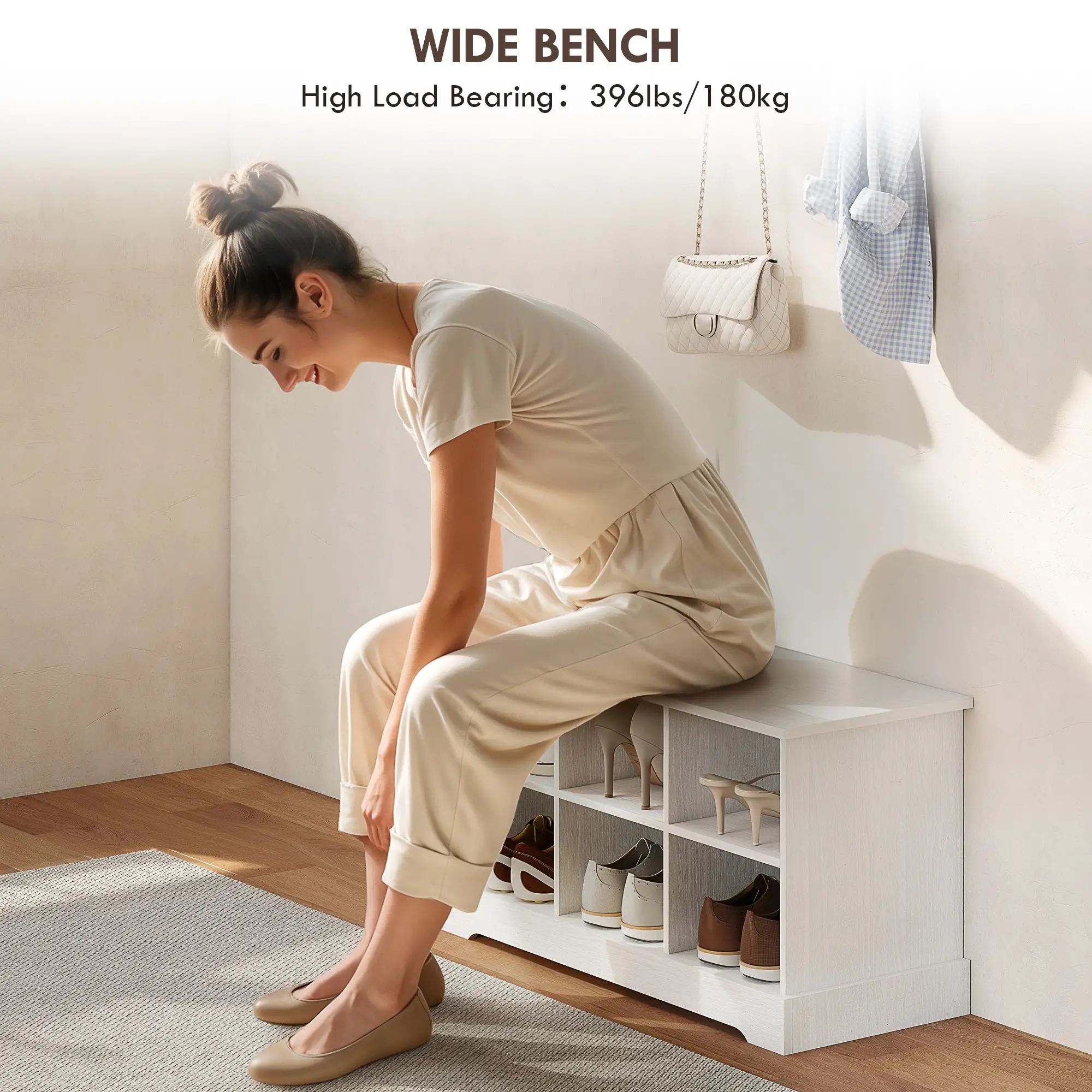 Coat Rack Shoe Bench Set, 8 Storage Cubbies, 4 Hooks, White - Image 5