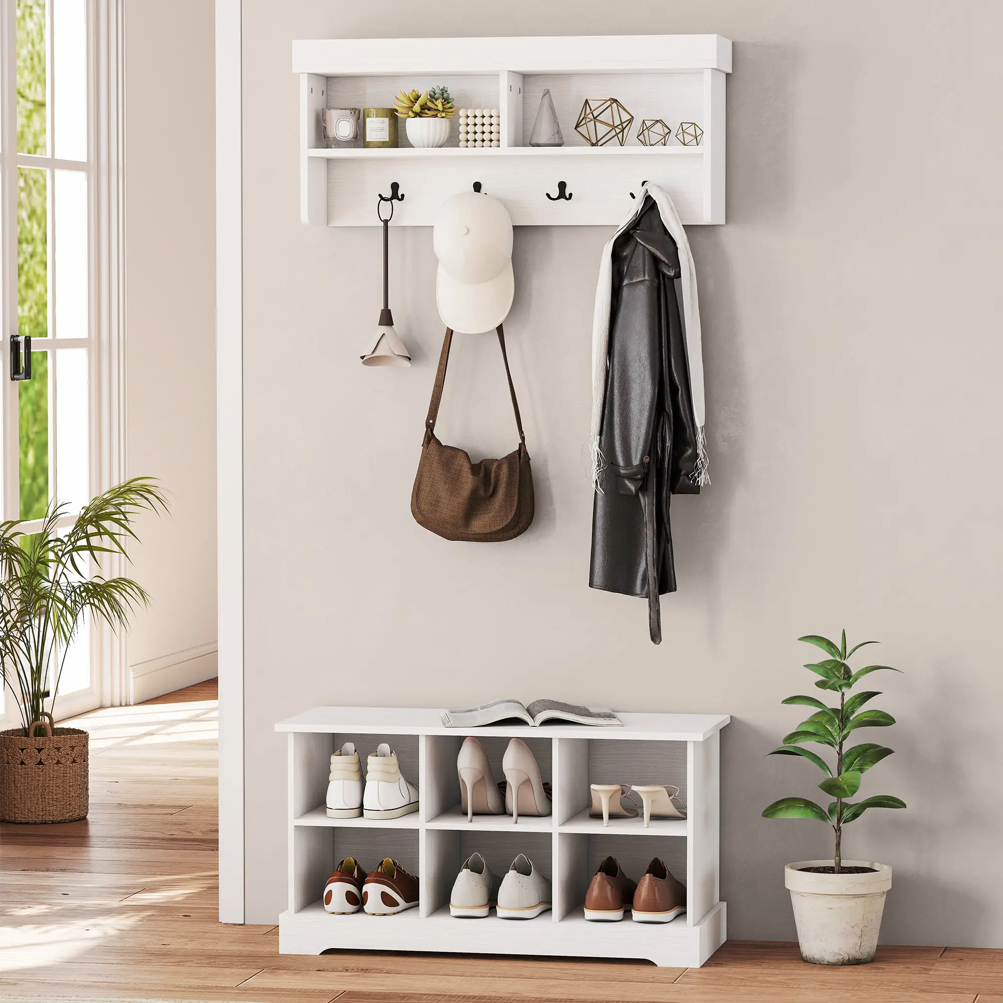 Coat Rack Shoe Bench Set, 8 Storage Cubbies, 4 Hooks, White - Image 7