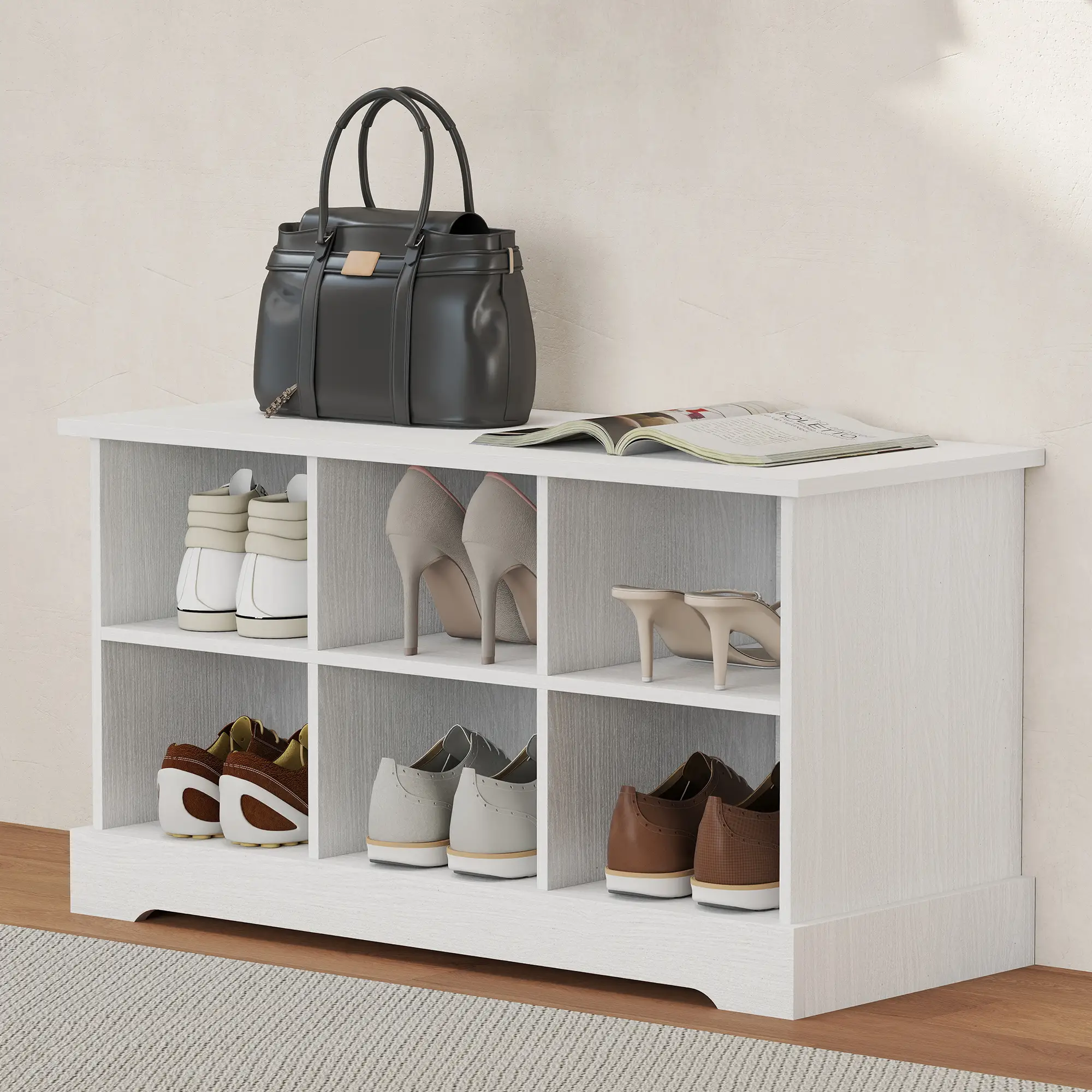 Coat Rack Shoe Bench Set, 8 Storage Cubbies, 4 Hooks, White - Image 9