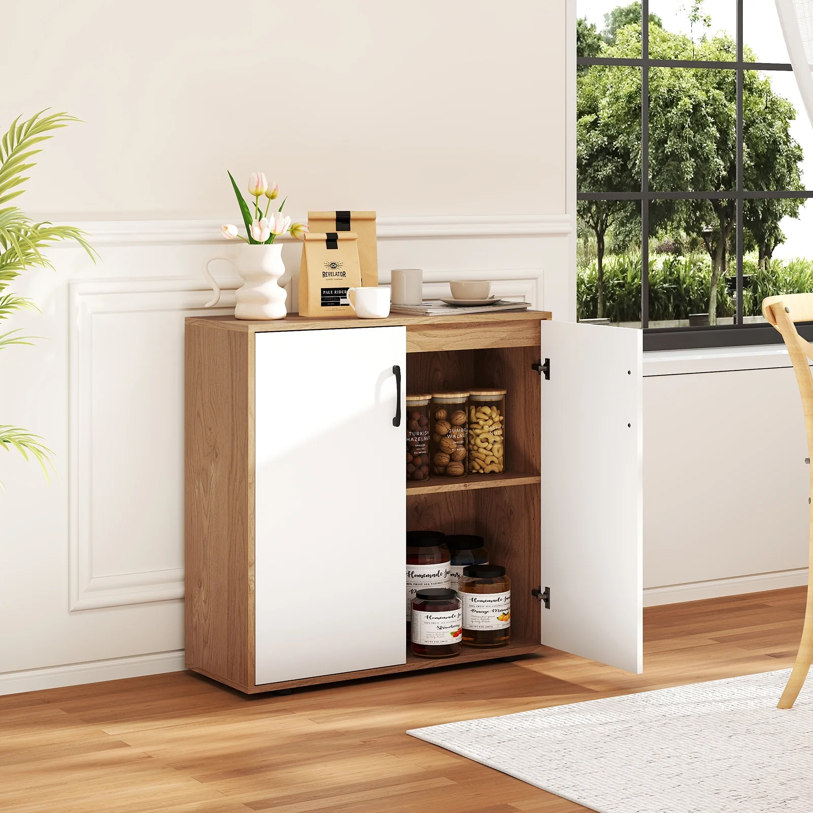Coffee Bar Cabinet, Adjustable Shelf, 5-Position, Natural - Image 2