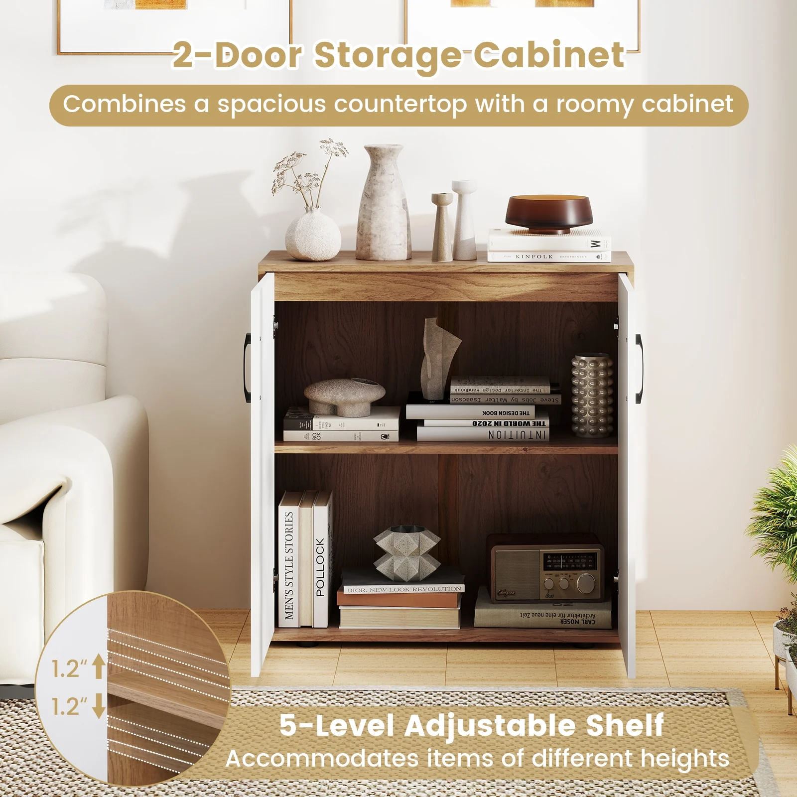 Coffee Bar Cabinet, Adjustable Shelf, 5-Position, Natural - Image 9
