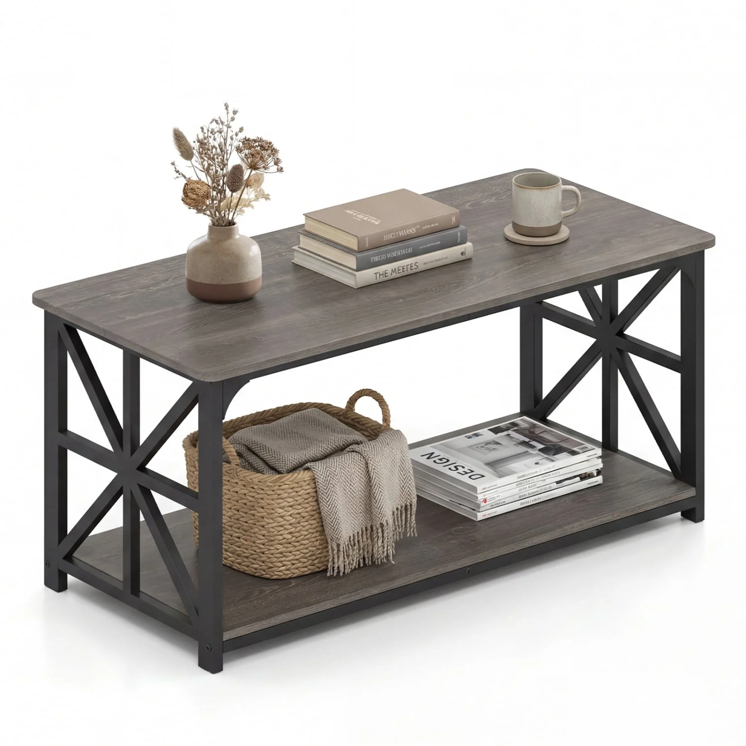 Coffee Table 2-Tier Center Table with Storage Shelf, Oak