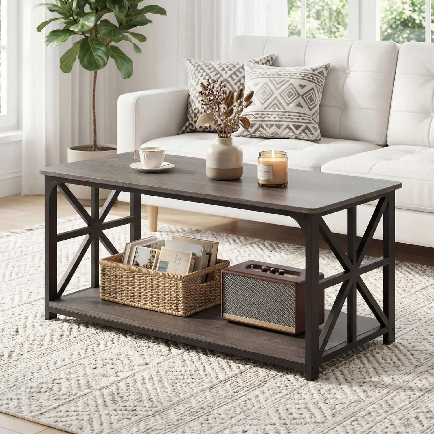 Coffee Table 2-Tier Center Table with Storage Shelf, Oak - Image 2