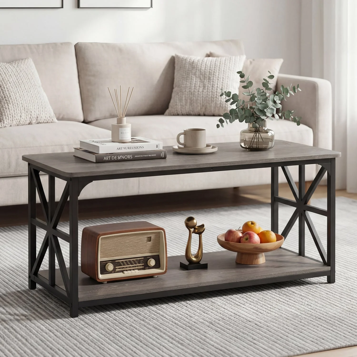 Coffee Table 2-Tier Center Table with Storage Shelf, Oak - Image 3