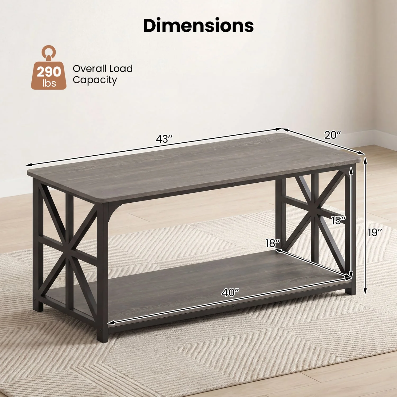 Coffee Table 2-Tier Center Table with Storage Shelf, Oak - Image 5