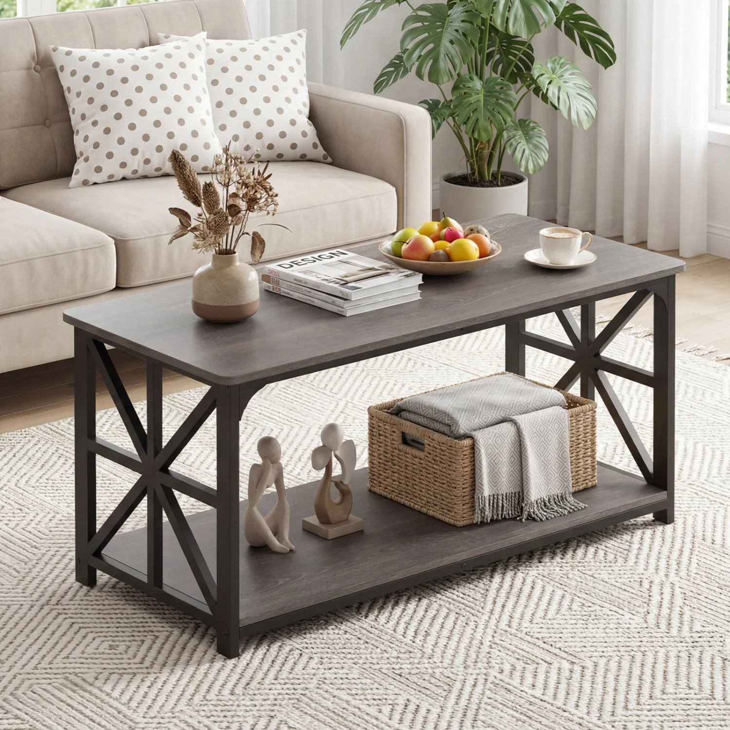 Coffee Table 2-Tier Center Table with Storage Shelf, Oak - Image 6