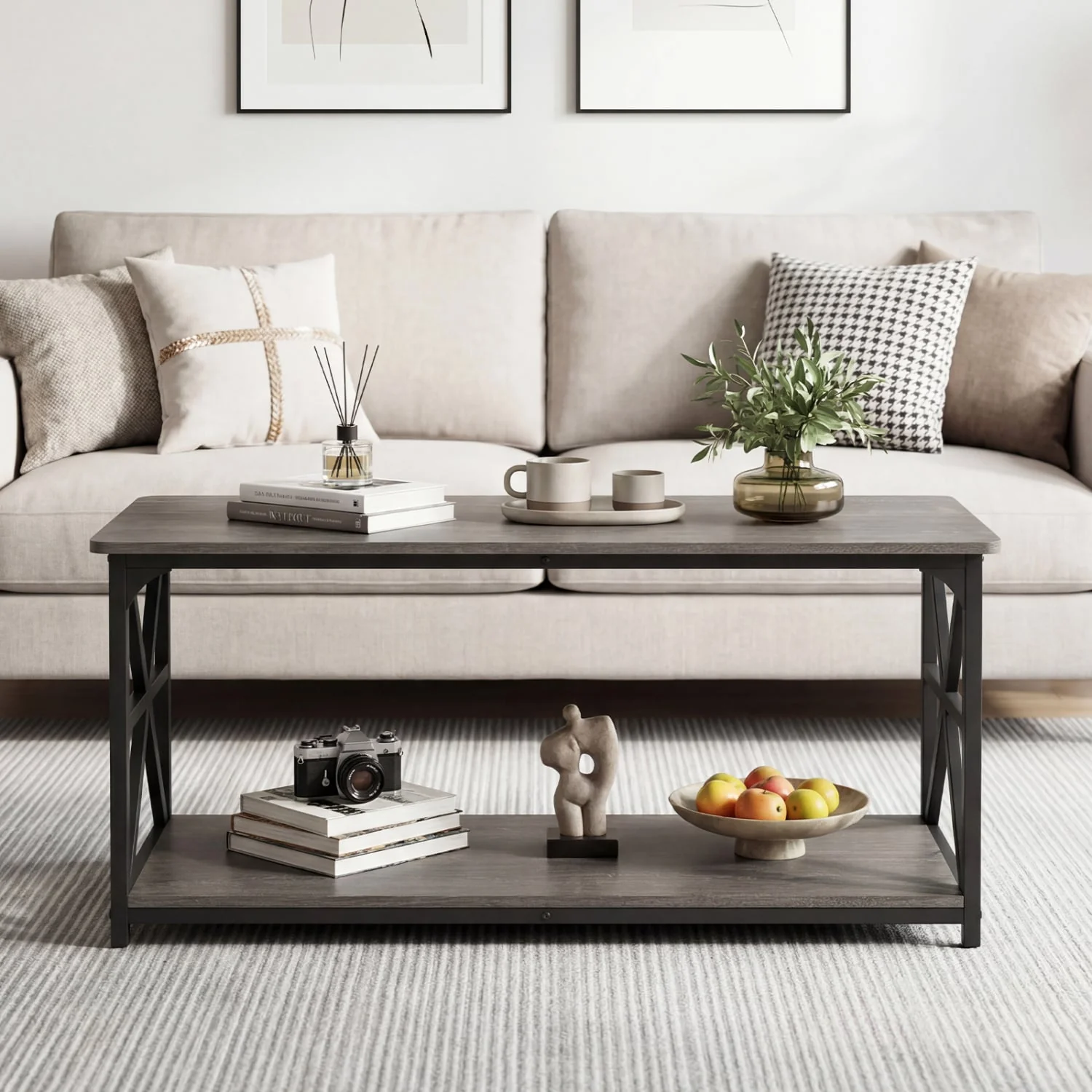 Coffee Table 2-Tier Center Table with Storage Shelf, Oak - Image 7