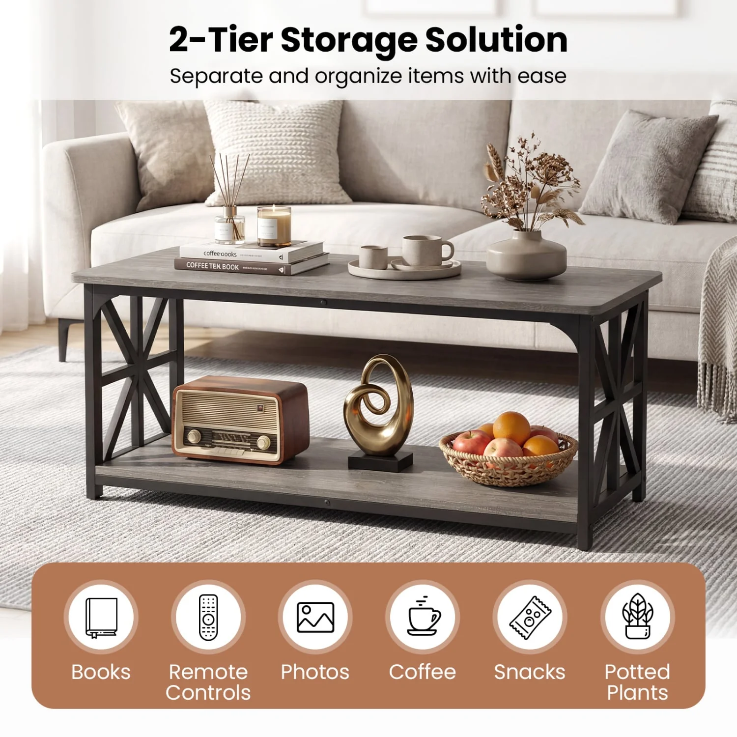 Coffee Table 2-Tier Center Table with Storage Shelf, Oak - Image 8