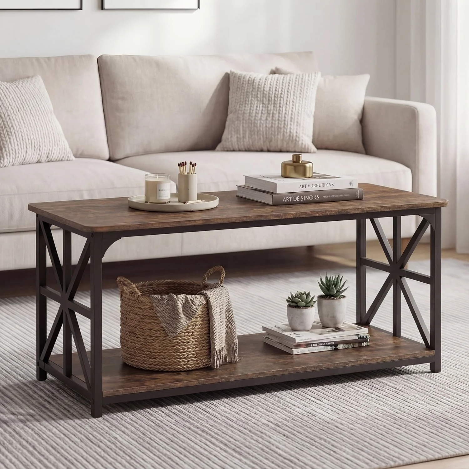 Coffee Table 2-Tier with Storage Shelf, Brown - Image 3