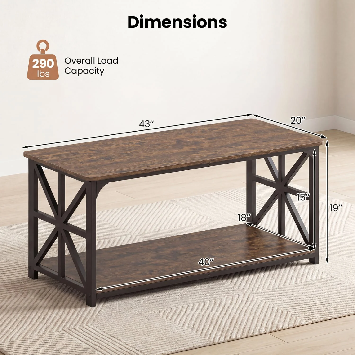 Coffee Table 2-Tier with Storage Shelf, Brown - Image 5