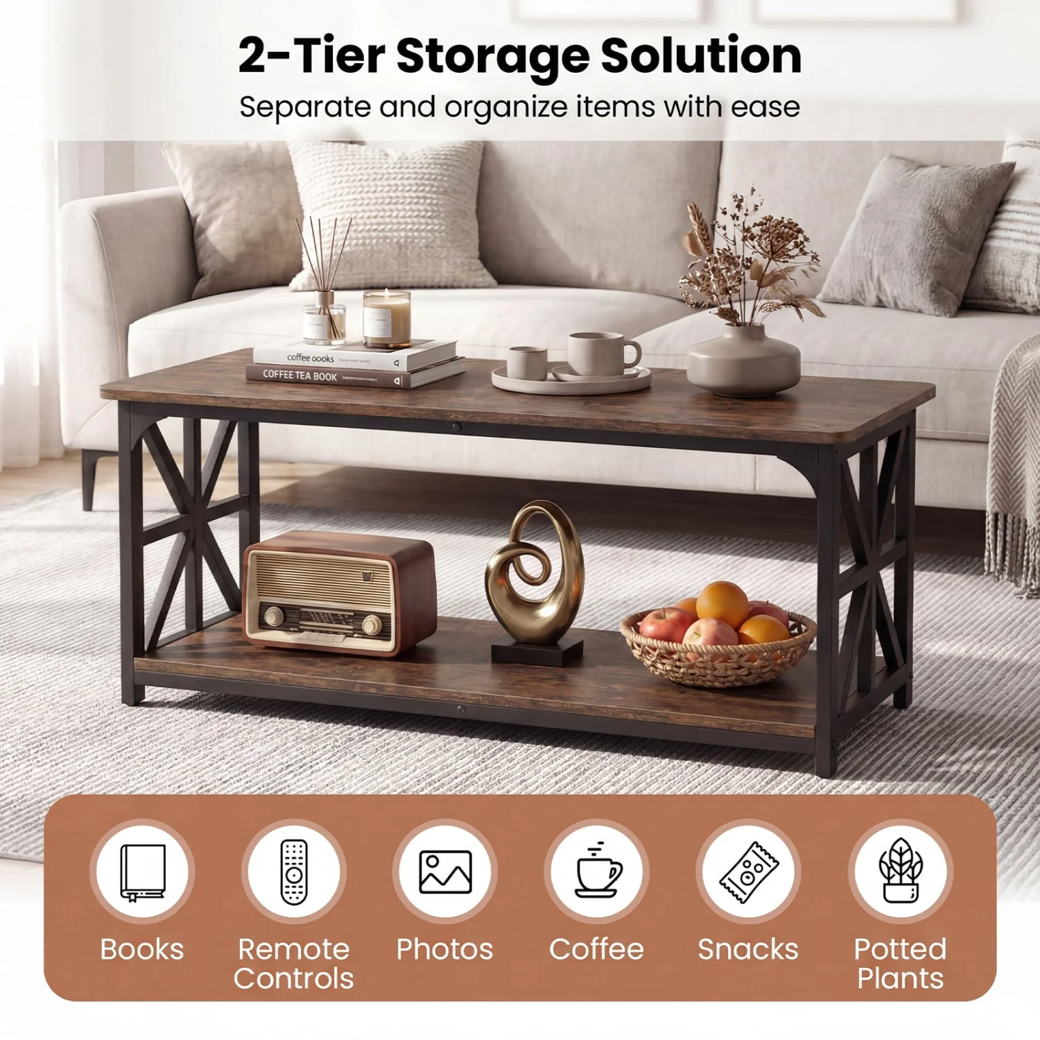 Coffee Table 2-Tier with Storage Shelf, Brown - Image 8
