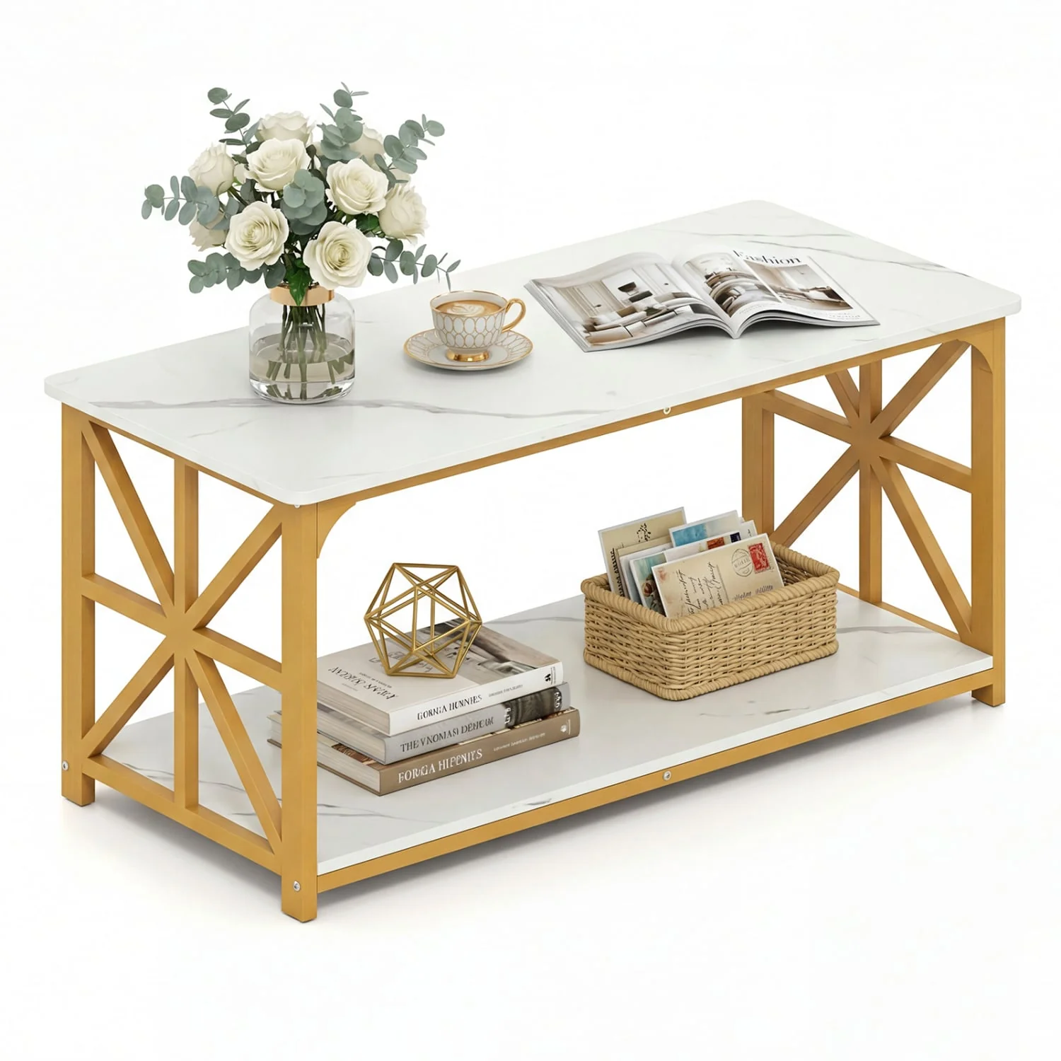 Coffee Table 2-Tier with Storage Shelf, & Golden, White