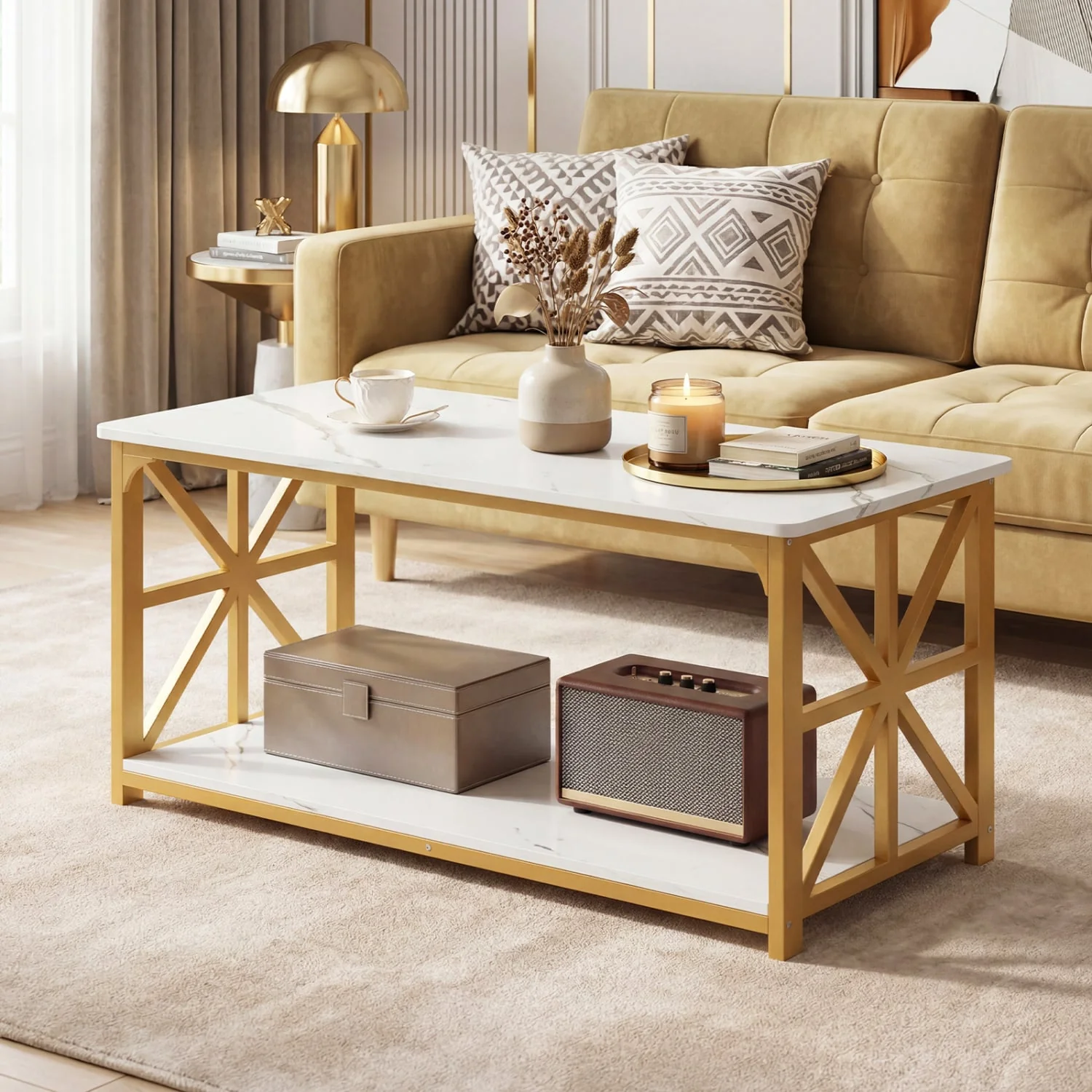 Coffee Table 2-Tier with Storage Shelf, & Golden, White - Image 2