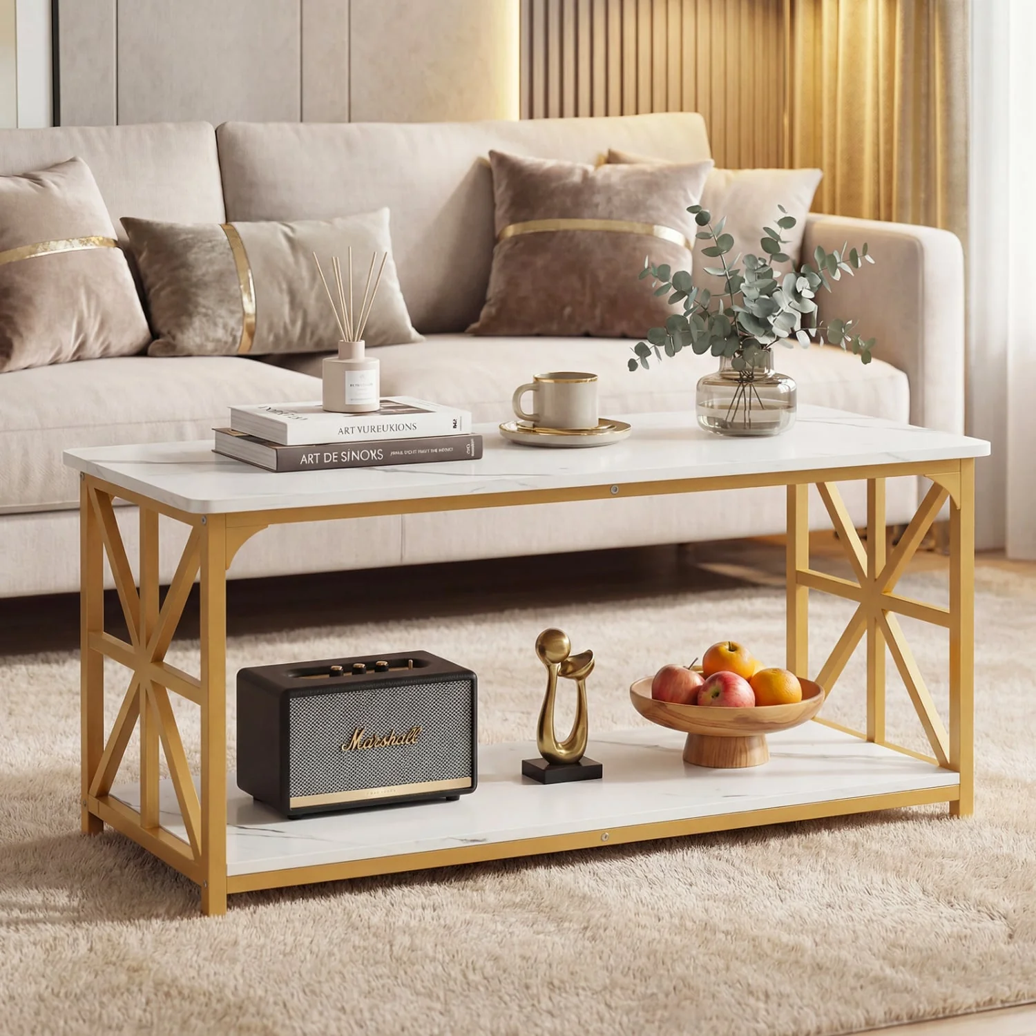 Coffee Table 2-Tier with Storage Shelf, & Golden, White - Image 3