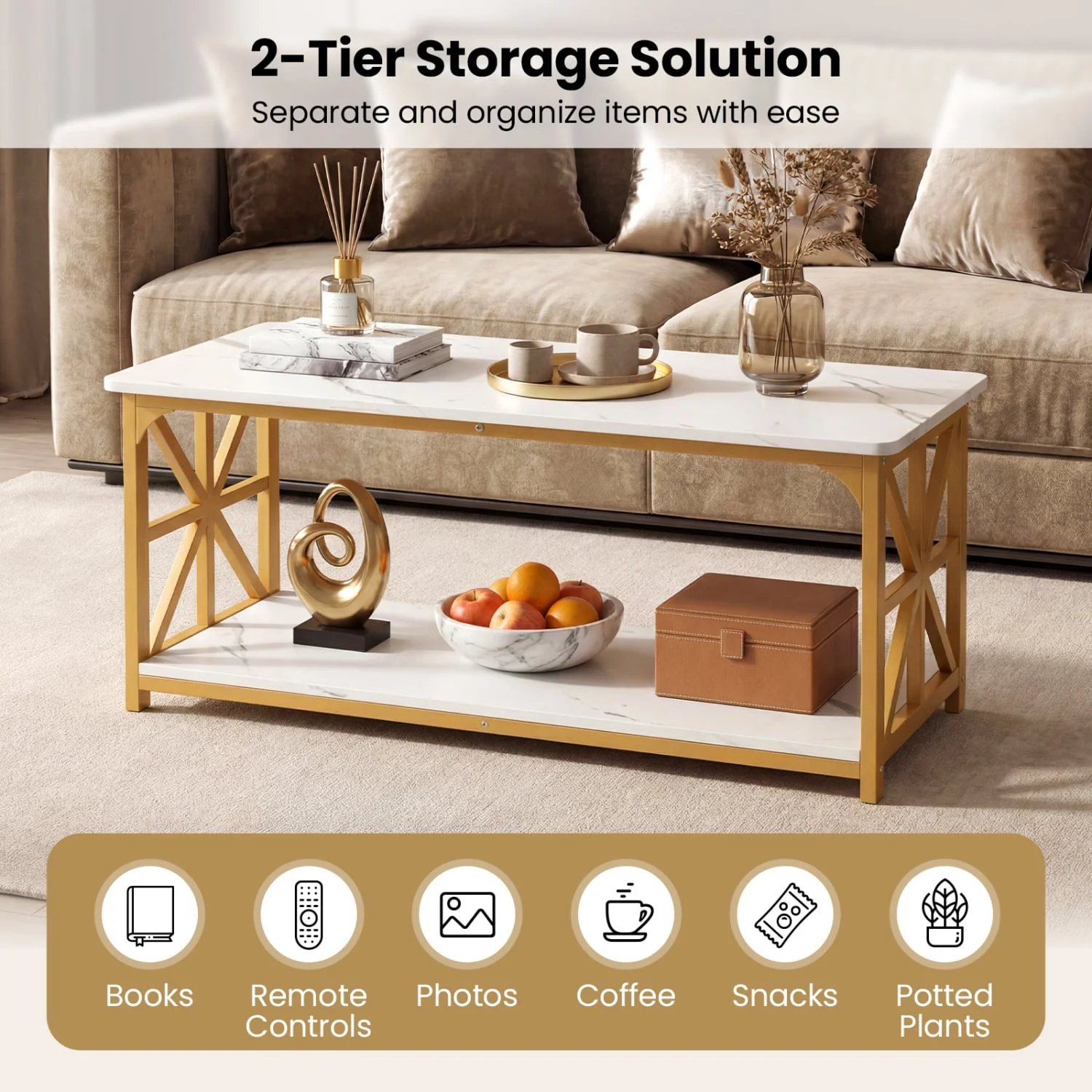Coffee Table 2-Tier with Storage Shelf, & Golden, White - Image 8