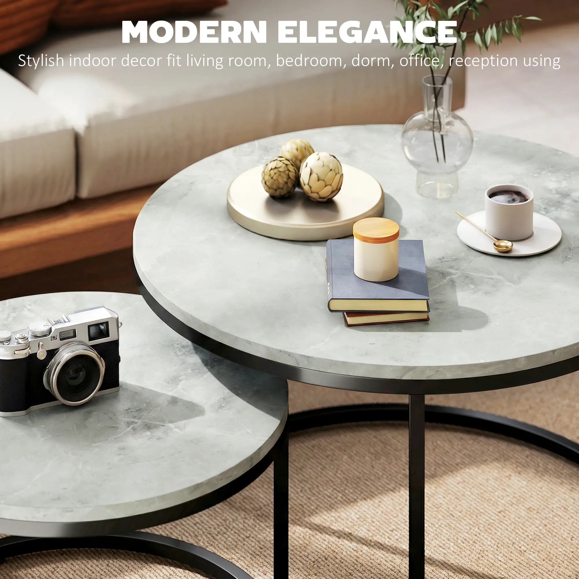 Coffee Table Set Of 2, Nesting Side Tables, Metal Base, Marble Grey, Grey - Image 4
