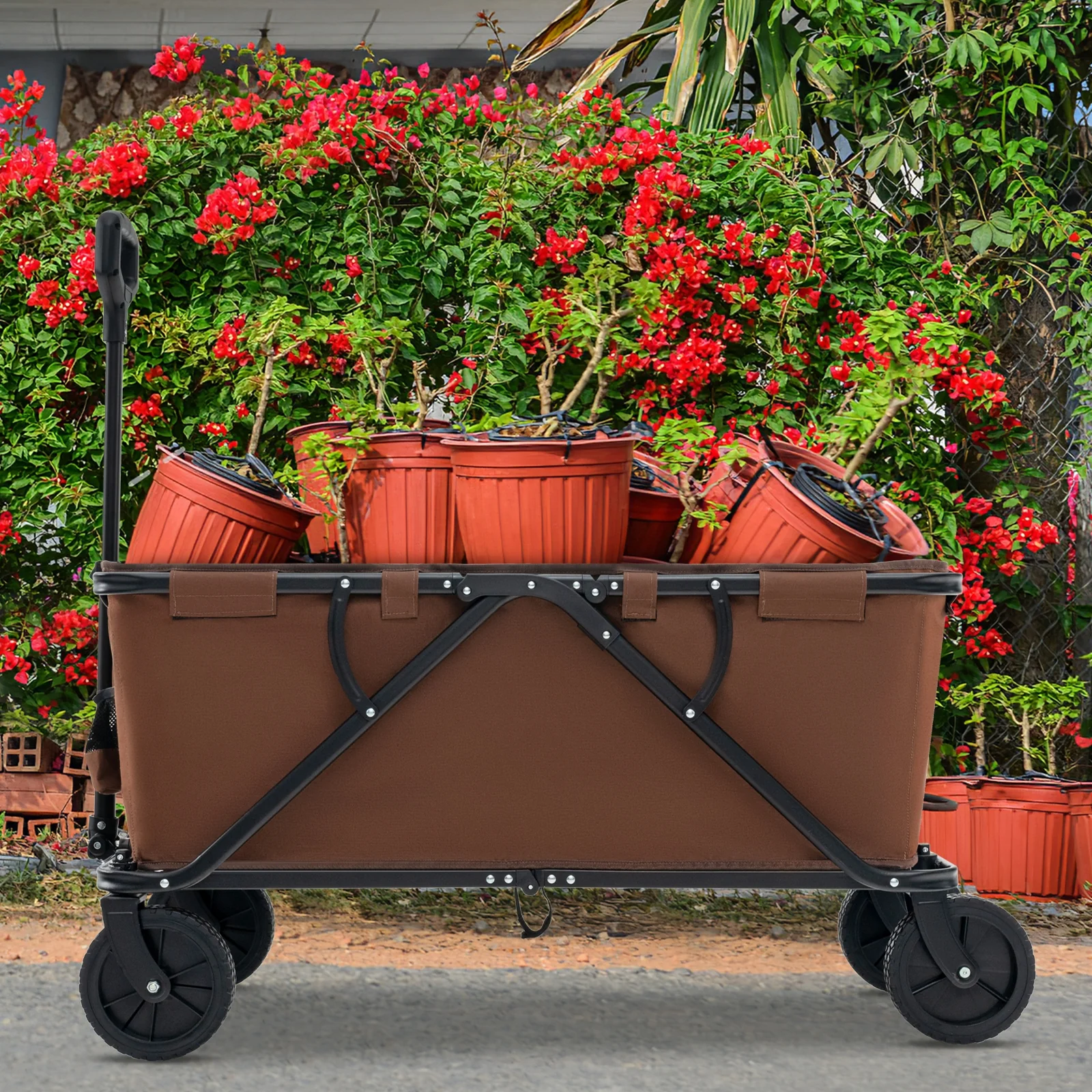 Collapsible Folding Wagon Cart, Adjustable Handlebar, Coffee - Image 3